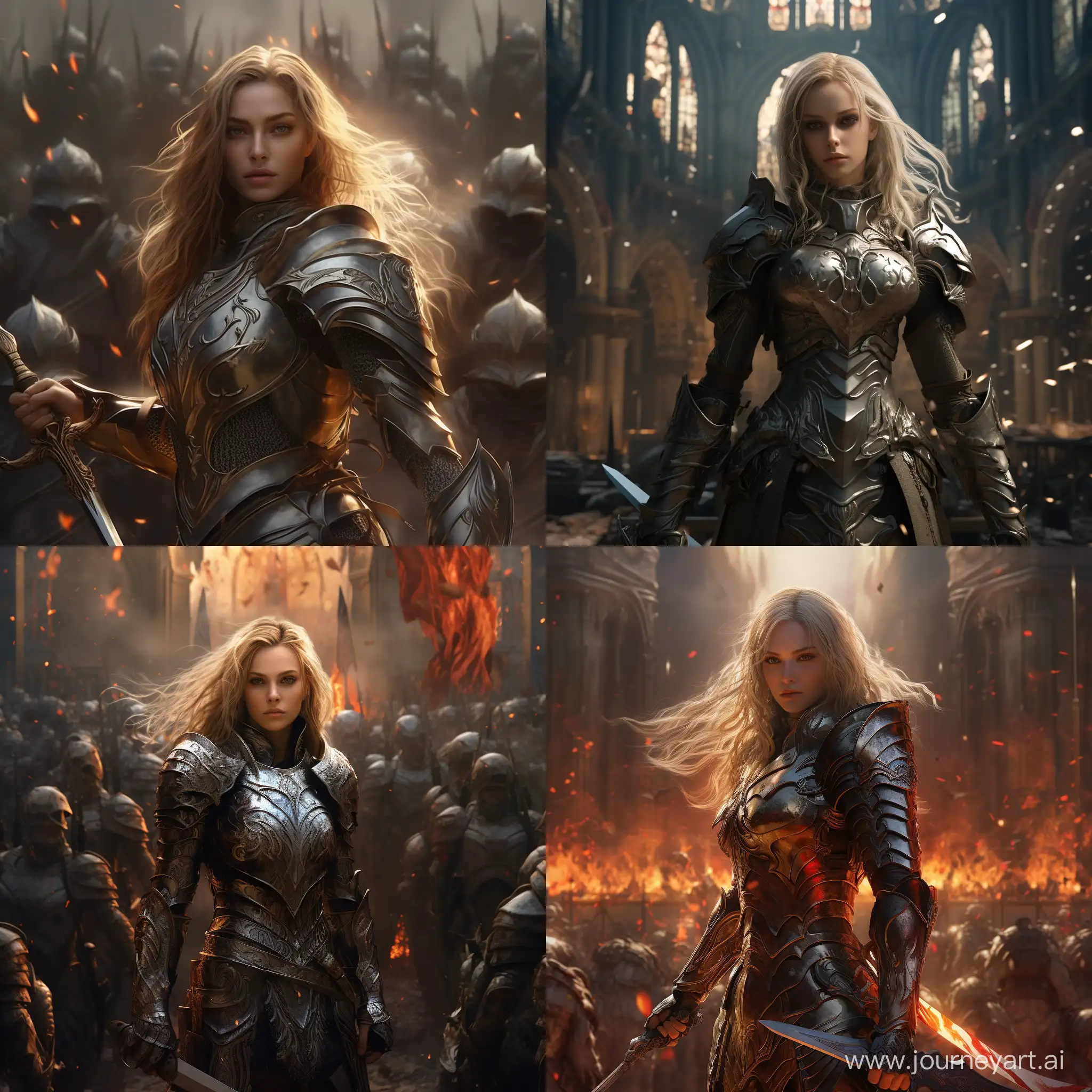 A Holy Female Knight in a high Fantasy setting during a giant battle in a realistic epic artstyle 