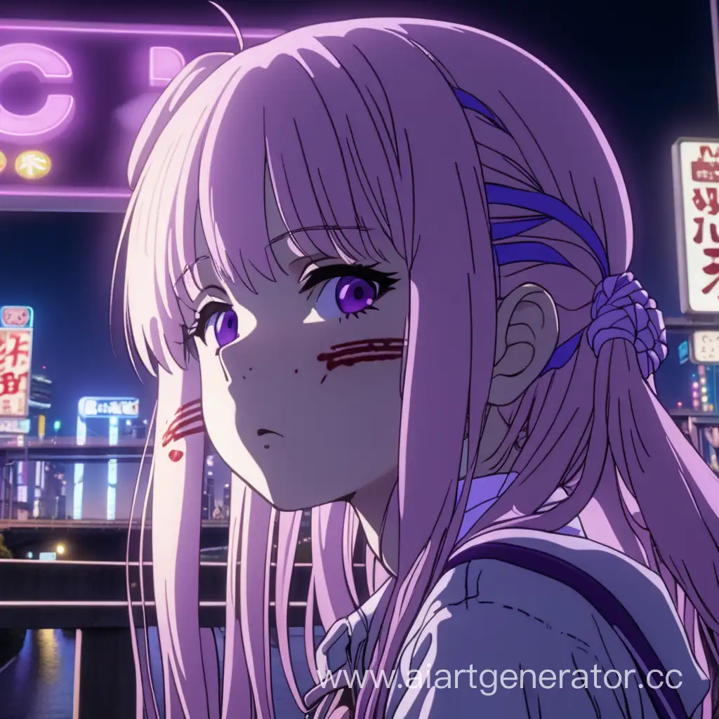 грустная аниме девочка смотрит куда-то слегка наверх, на неё ложится фиолетовое свечение от неоновой вывески. Саму вывеску не видно. У девочки длинные светлые волосы, пластырь с кровью на переносице и грустное лицо