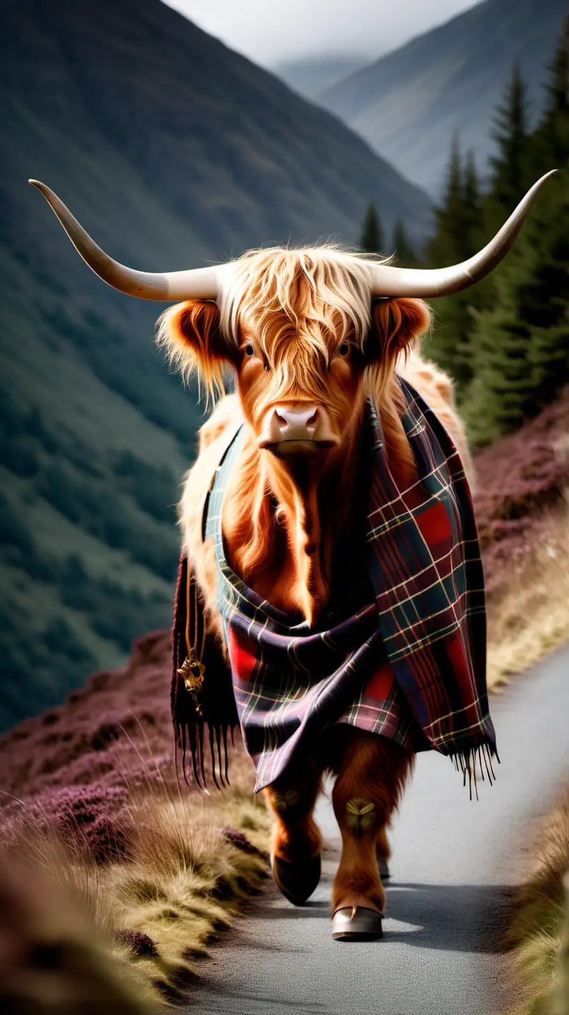 highland cow wearing a tartan kilt marching through the mountains
