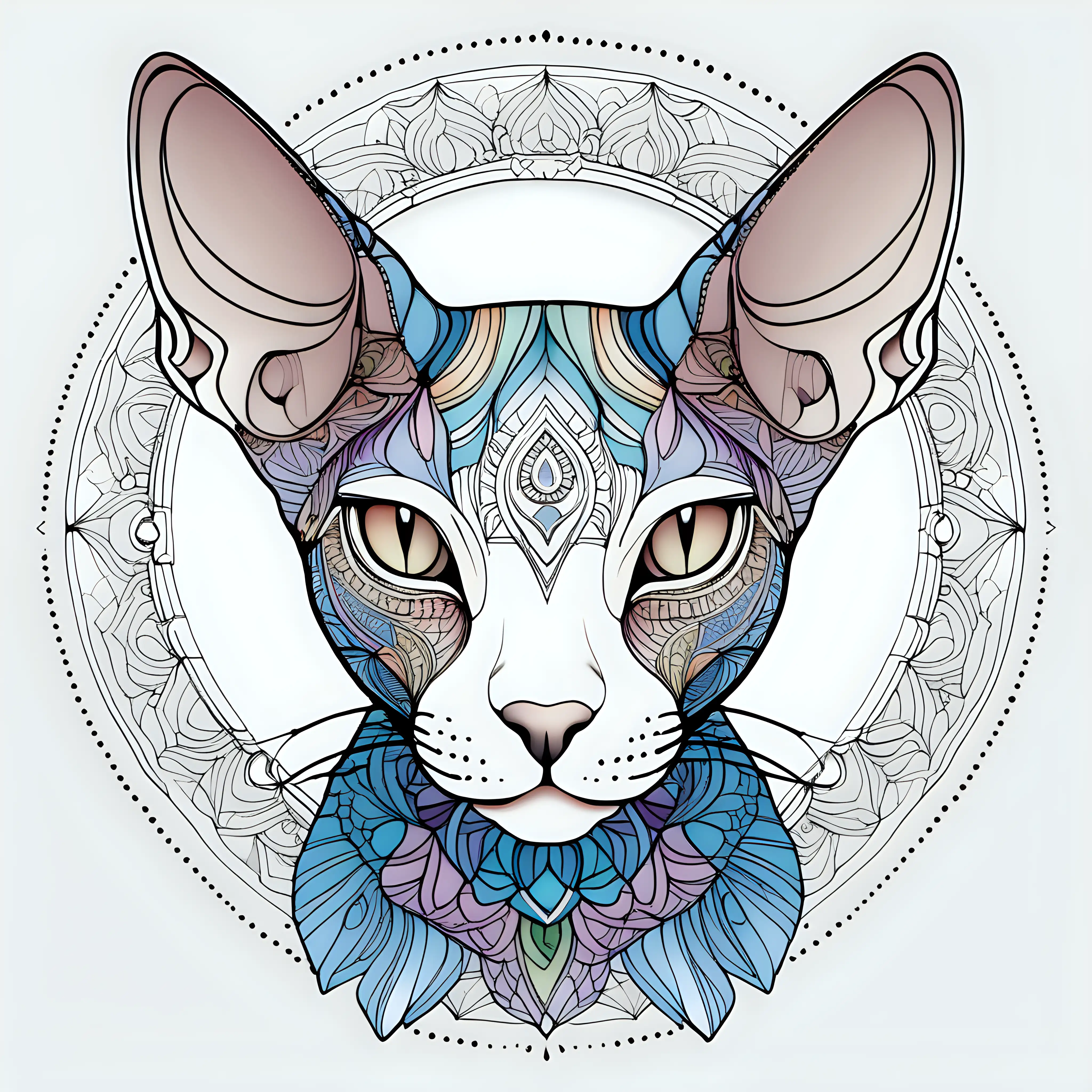 sphynx cat head mandala, vector, HD, white background, fine art line, colored, simple details