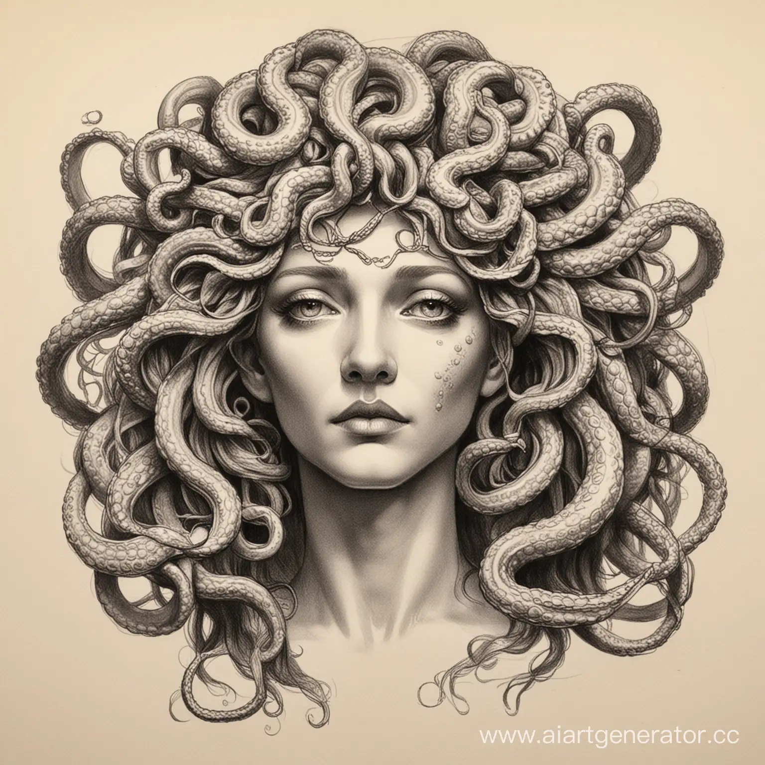 Gorgon Medusa Sketch with Subtle Gaze | AI Art Generator