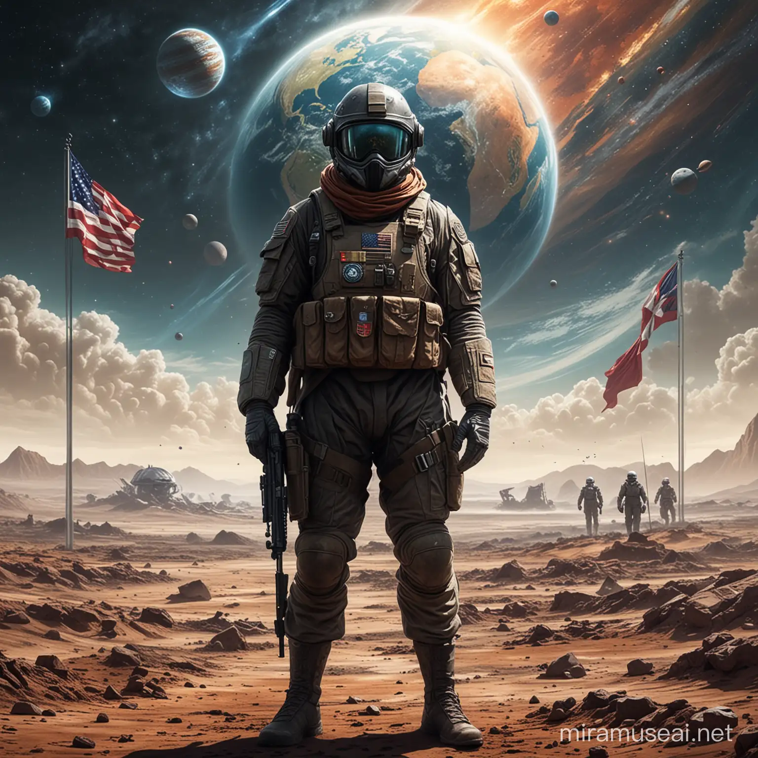 Concept of art work is: Military Space Solider standing over a battle field. The face can be Covered with a helmet. Behind him is a Flag of what can be assumed to be Super Earth or Earth home Planet.