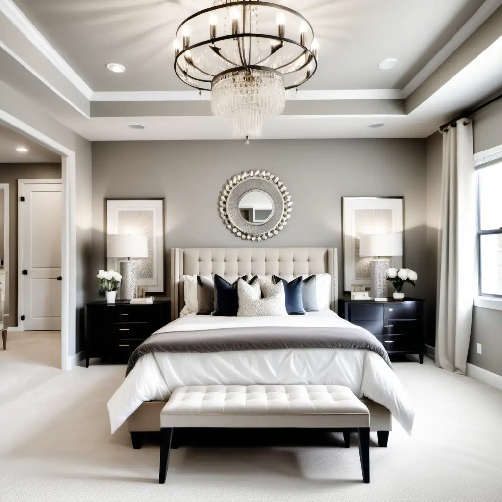 Editorial style photograph of a luxury transitional master bedroom with feature wall, cream carpet, neutral furniture, modern chandelier. High resolution 8k