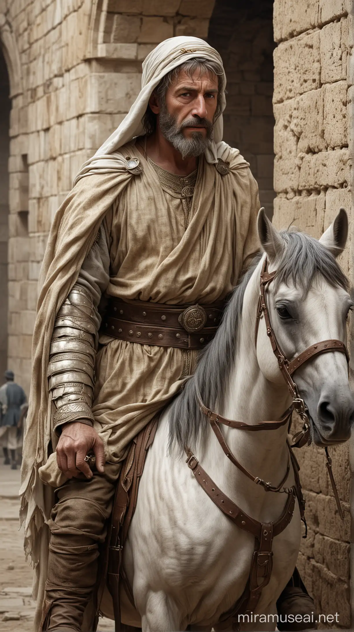 Baldwin, the leper king of Jerusalem. he commanded his horse with unparalleled skill. hyper realistic