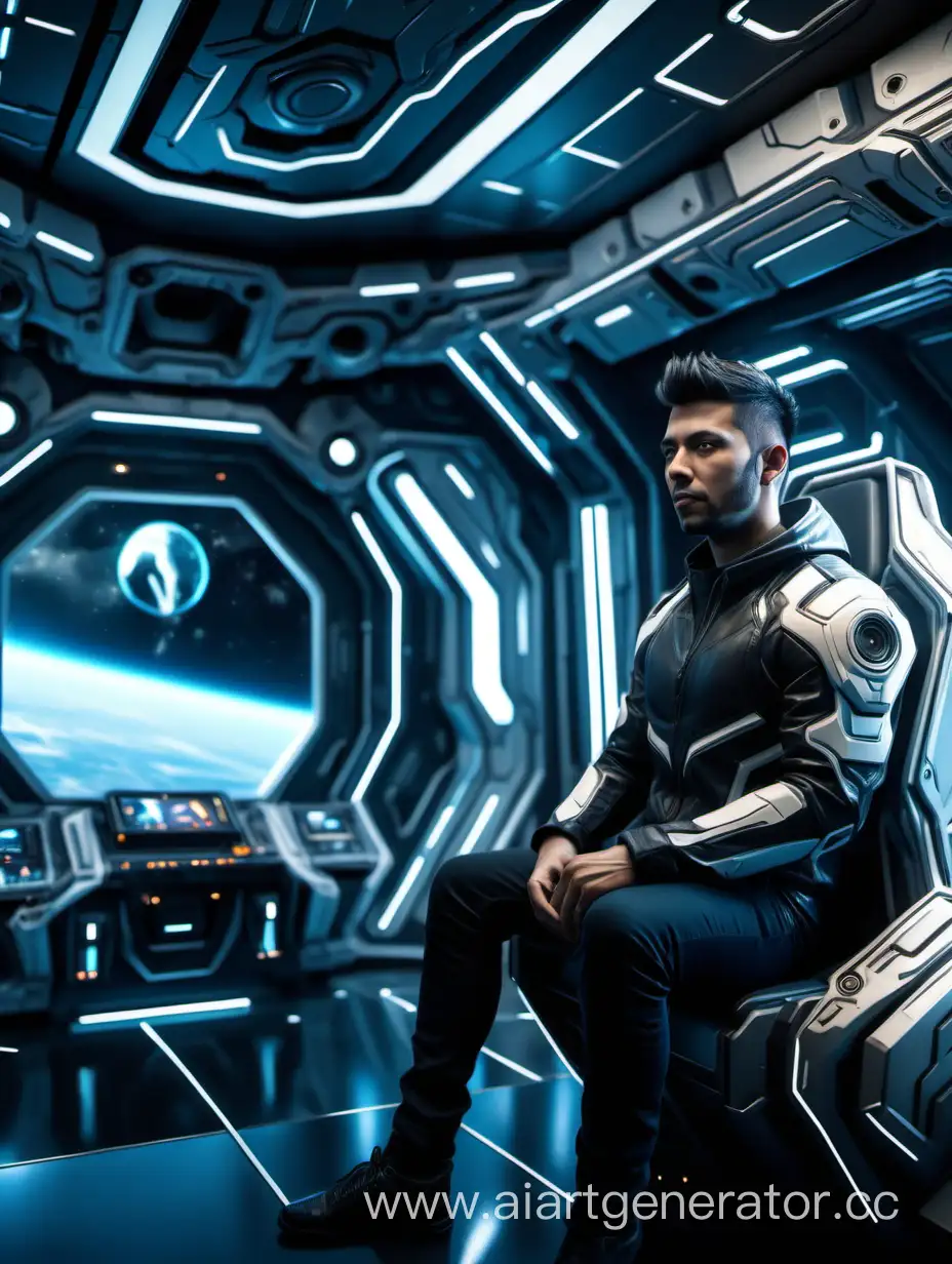 A man sits inside a futuristic spaceship  Hint; a man sits inside a futuristic spaceship in the style of Unreal engine 5, breathtaking portraits, vray, 32k uhd, photorealistic, techpunk, toonami -ar 33:50