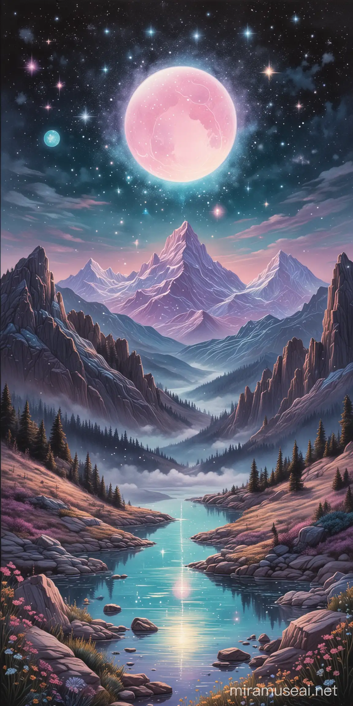 Pastel Drawing of Tranquil Night Sky with Floating Bubble and Mountain Silhouette