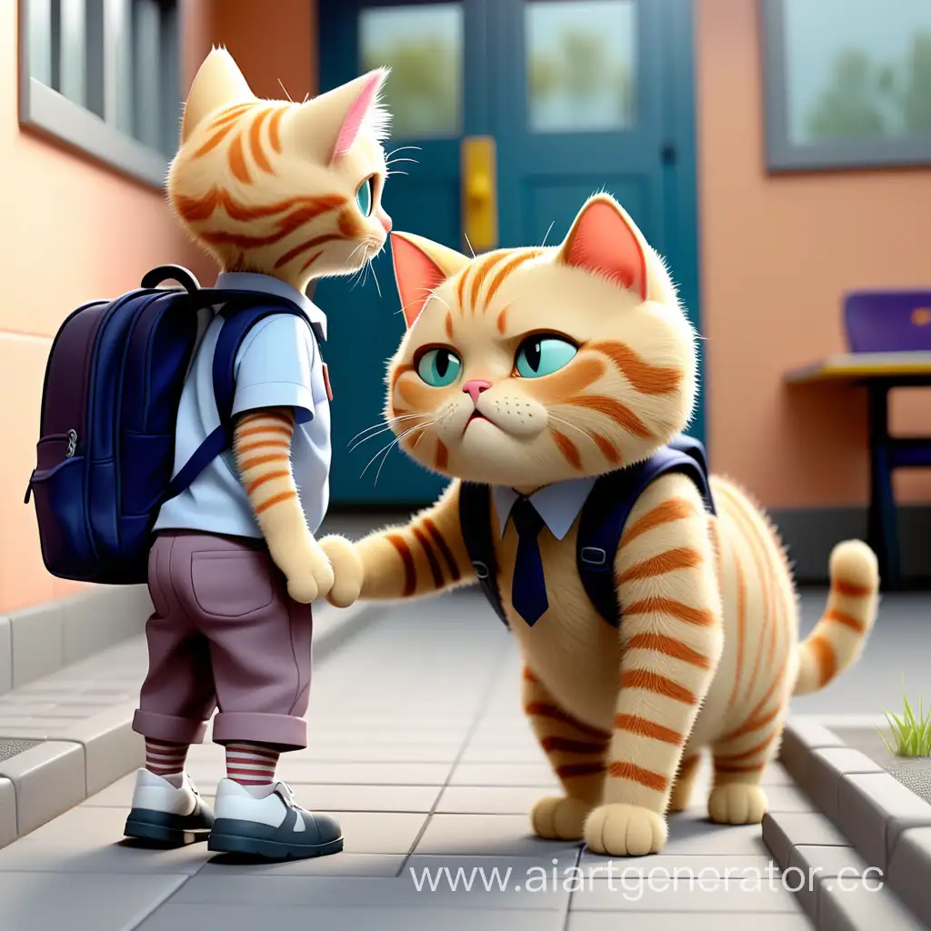 Маленький кот идёт в школу с папой котом по дороге