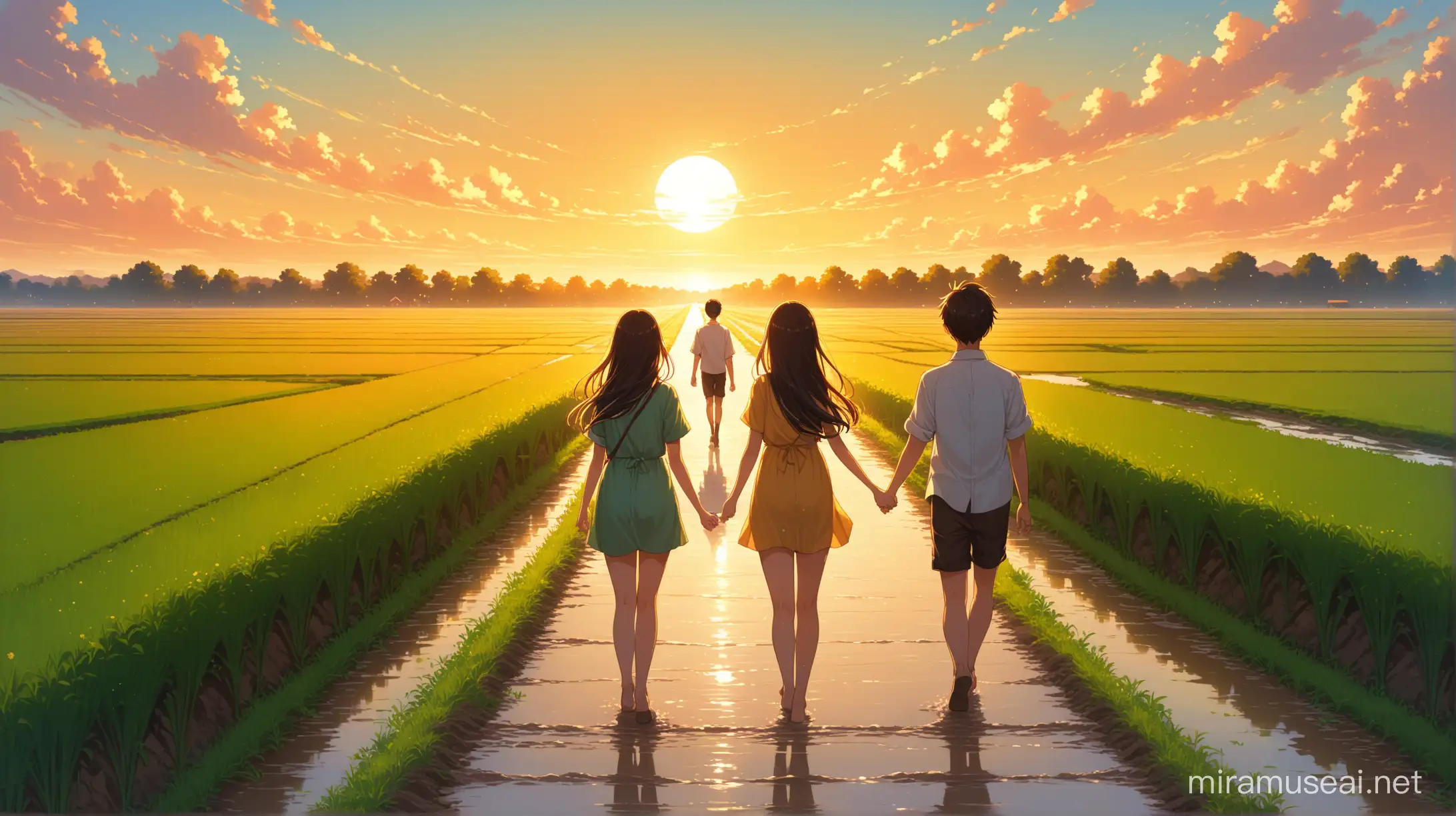 in the time of evening with a plesant and romantic evening. 

oneside fields and the other side canal and in the middle a mud-road higher to canal and fields .

three friend walking together a girl, boy and girl walking towards the sun. 