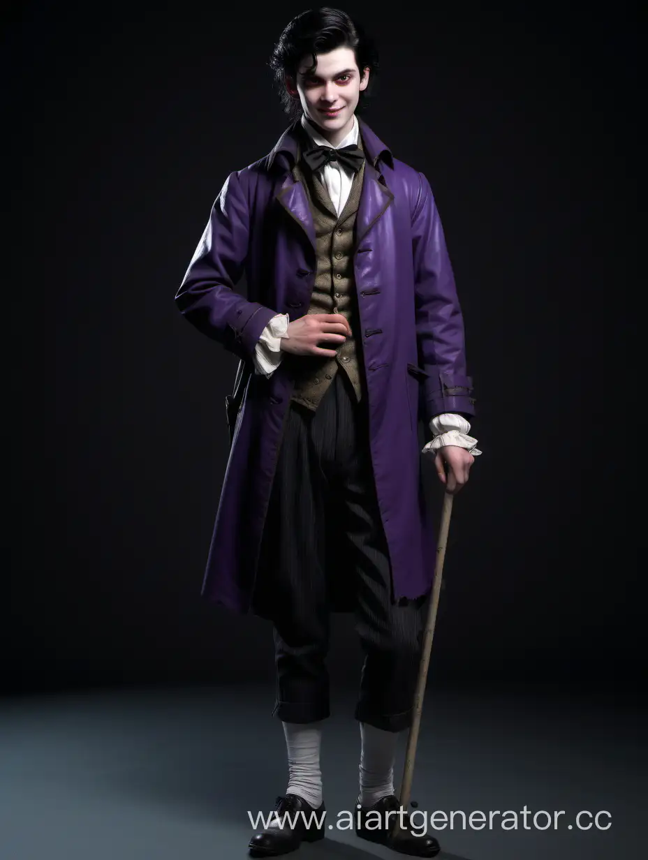 The guy is short, looks like a fifteen-year-old teenager. He has slightly disheveled, coal-black hair. He has very pale skin, gray eyes and a sinister smile all over his face. He is dressed in eighteenth-century English clothes. He was wearing a purple raincoat, a frayed bow tie, black trousers and leather shoes on his feet. He was holding a cane in his hands. There were different rings on his fingers. There was a scar on his neck that looked like it had been severed from his head. His shadow was smiling ominously.