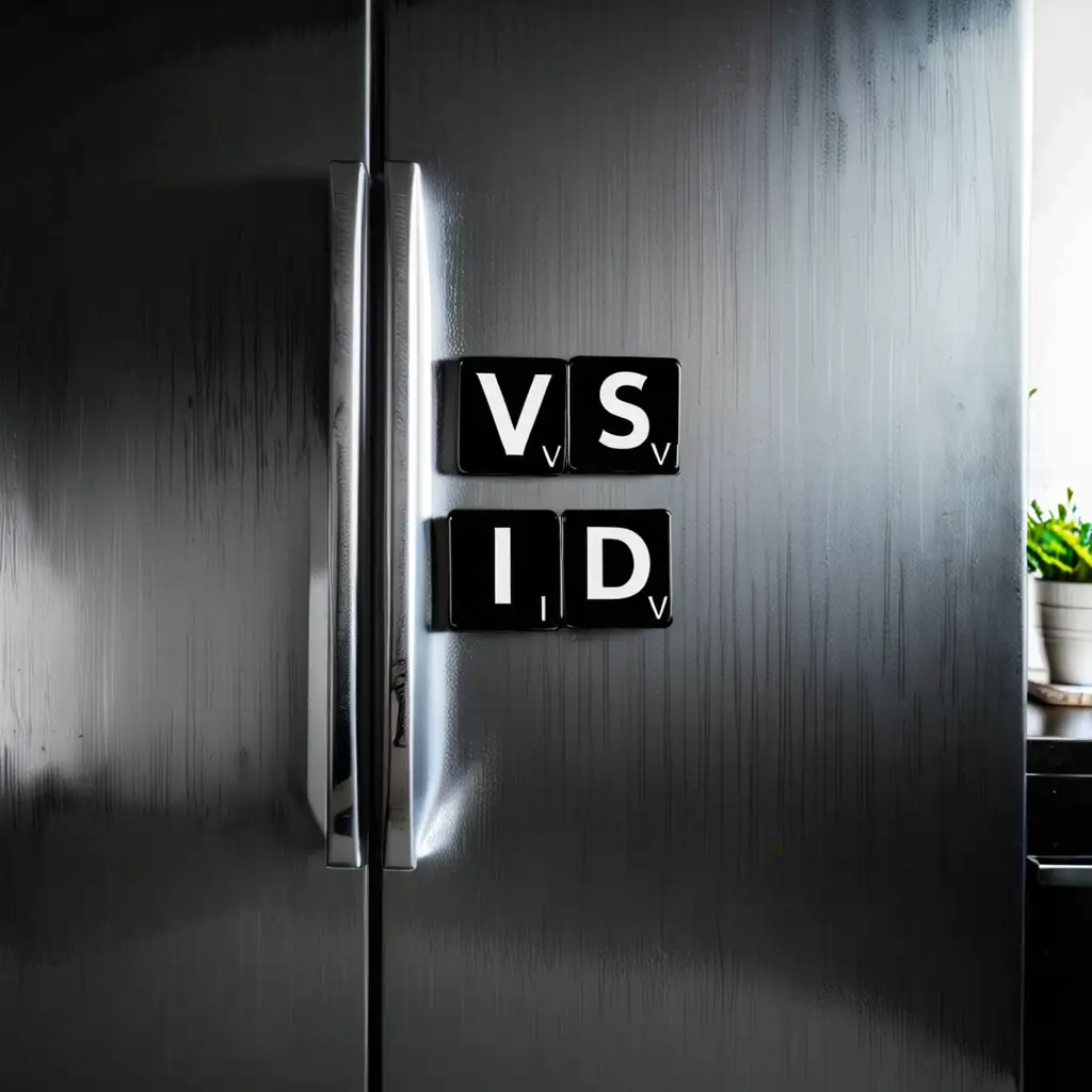imanes cuadrados sobre un refrigerador negro con las letras V S I D color plateado