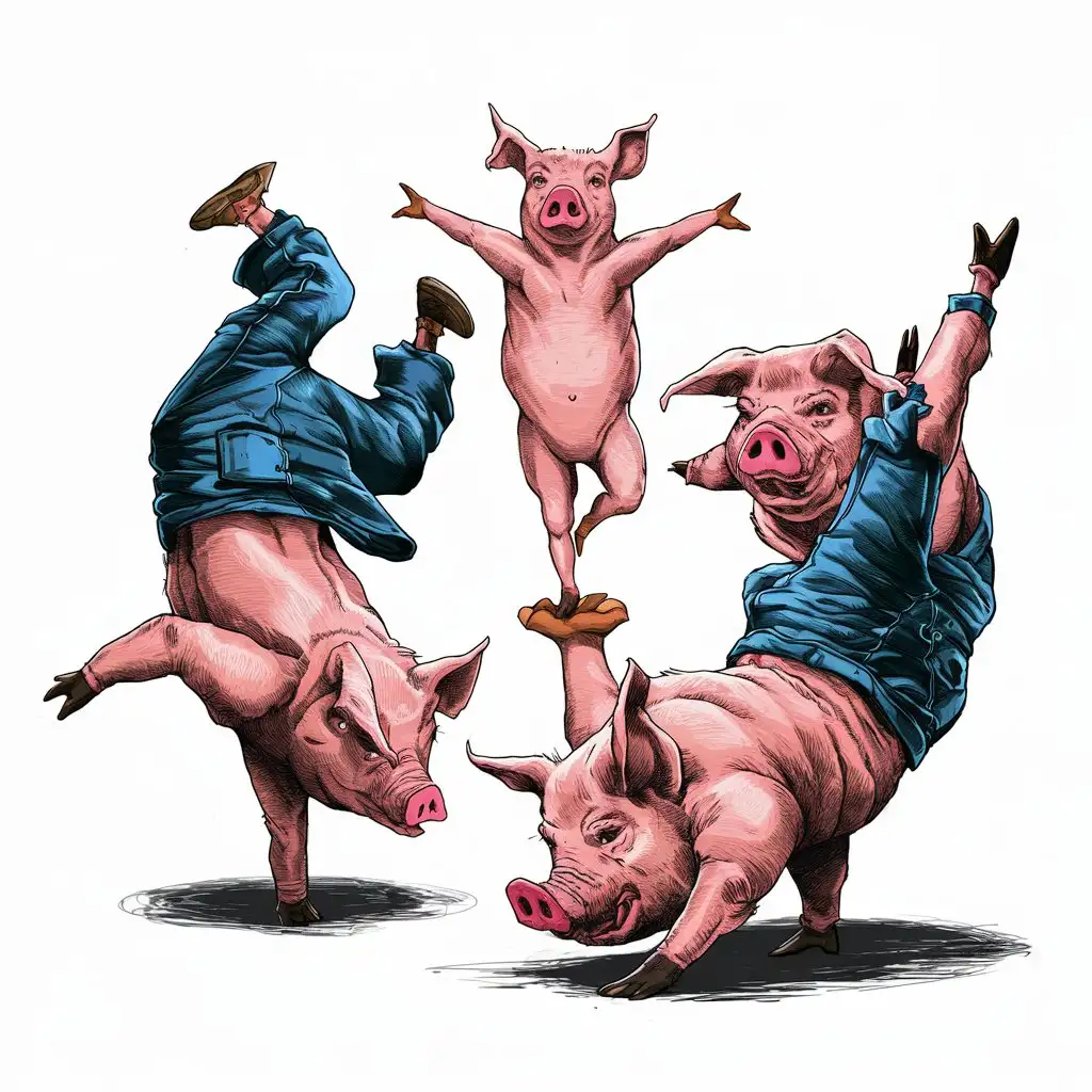 break dance team of 4 pigs: 1 pig make headspins, 2 pig is thin and tall stands on its hand in a frieze, 3 and 4 pigs 
make a power move from breakdancing