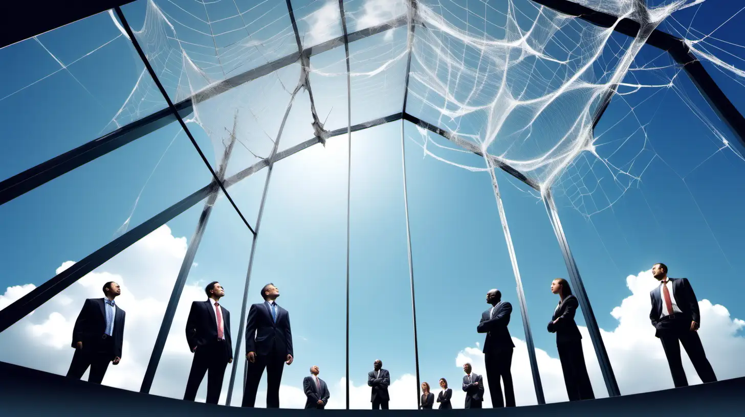 A dynamic and motivational image that embodies the essence of breaking through barriers and achieving growth. Visualise a scene where the foreground is dominated by a glass ceiling, with visible cracks starting to spiderweb across its surface. Just beyond the glass, we see a clear blue sky, symbolizing limitless potential and opportunities. Below the glass, a group of determined business leaders (veterans) stands ready, looking up, their expressions a mix of resolve and anticipation. They are not dressed in military attire but in smart, professional business wear, subtly bridging their past military excellence with their current entrepreneurial spirit. This visual metaphor not only captures the challenge (the glass ceiling) but also the imminent breakthrough and the vast possibilities that lie beyond. The image should be suffused with light, symbolizing hope and the dawn of new horizons, ensuring it resonates with the theme of transcending limitations and aspiring for higher business achievements.