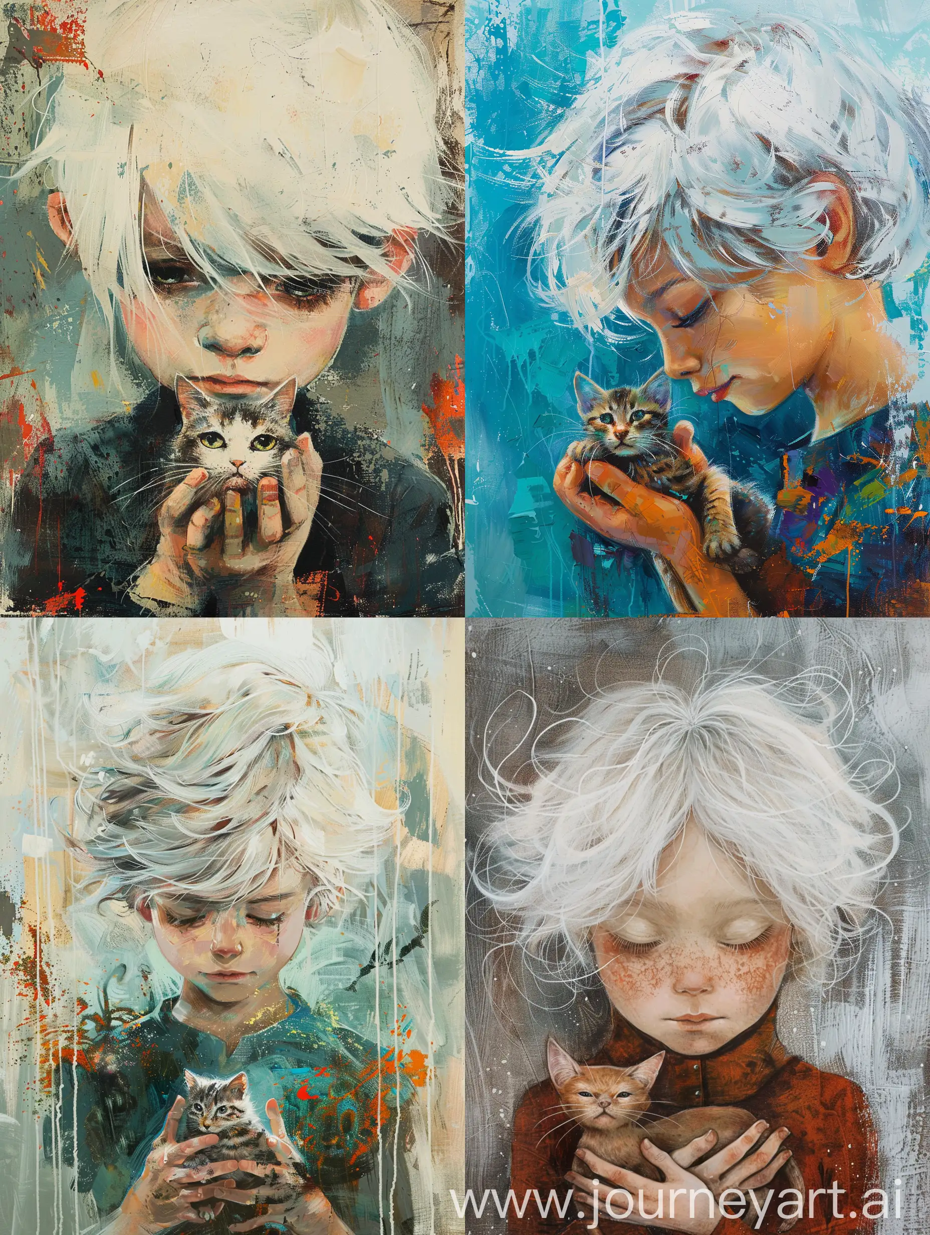 Boy with white hair with a cat in her hands in the style of abstract art 
