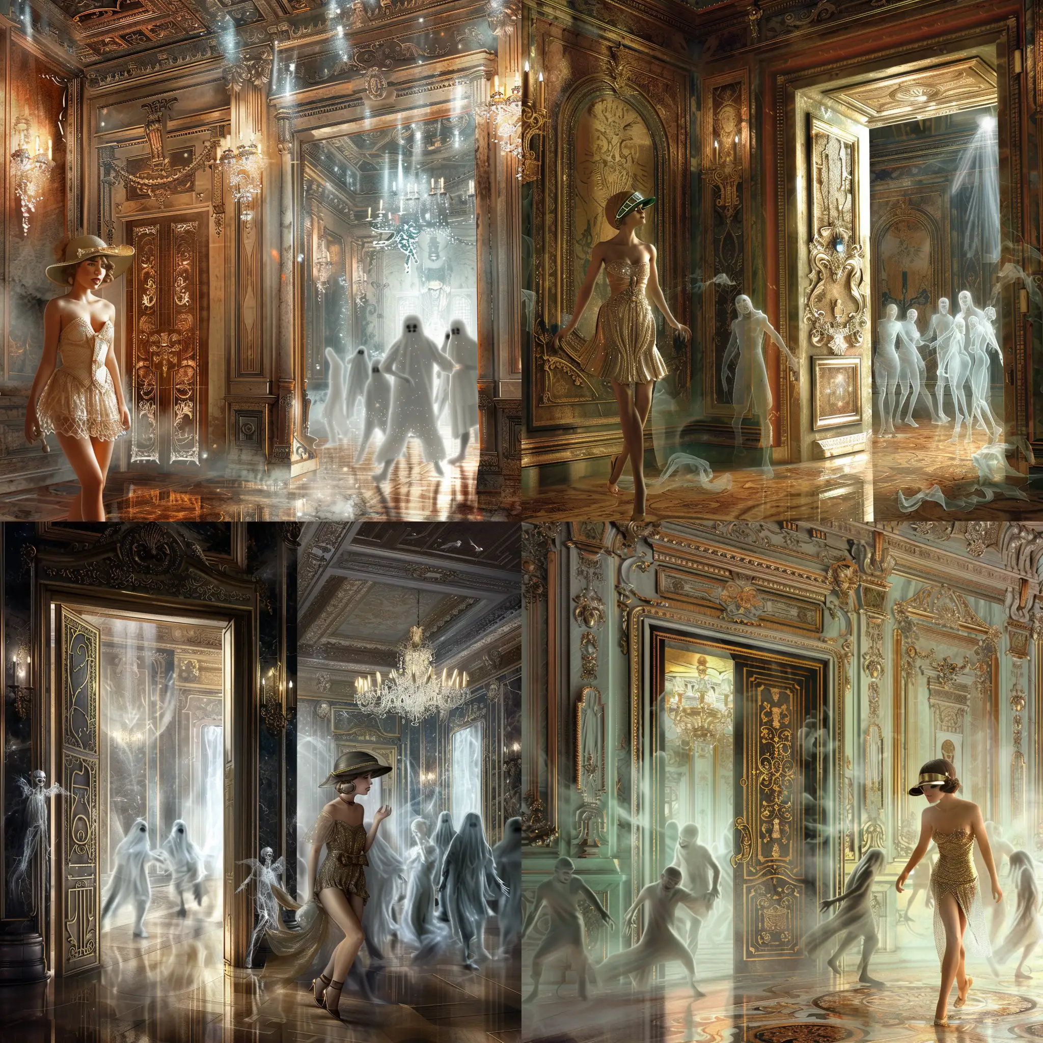 A highly detailed image of an opulent ball room. Near the door is a beautiful 1920s flapper woman. The ballroom is filled with medieval ghosts who are dancing. Beautiful magical mysterious fantasy surreal highly detailed
