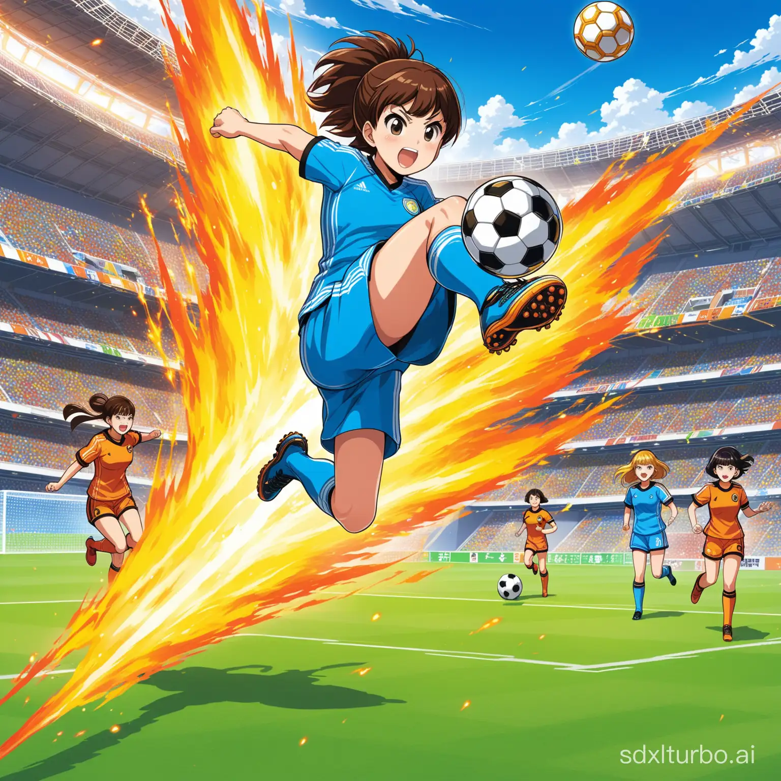 Group of multiple girls,(multiple girls),(group of girls),(many girls),All Characters from captain Tsubasa anime teamed,play super shot soccer like ultimate blast shot,(supershot soccer),(play ultimate soccer),(superstrike soccer),(kick off),jump and kick to the ball,fire shtorm around the flying ball kicking,tsunami going into the ball shooting,ultimate super strike ball,fire shot,double twin shot to the ball,jumping to the ball,blast kick to the ball,super ultimate blast shot,firestorm.