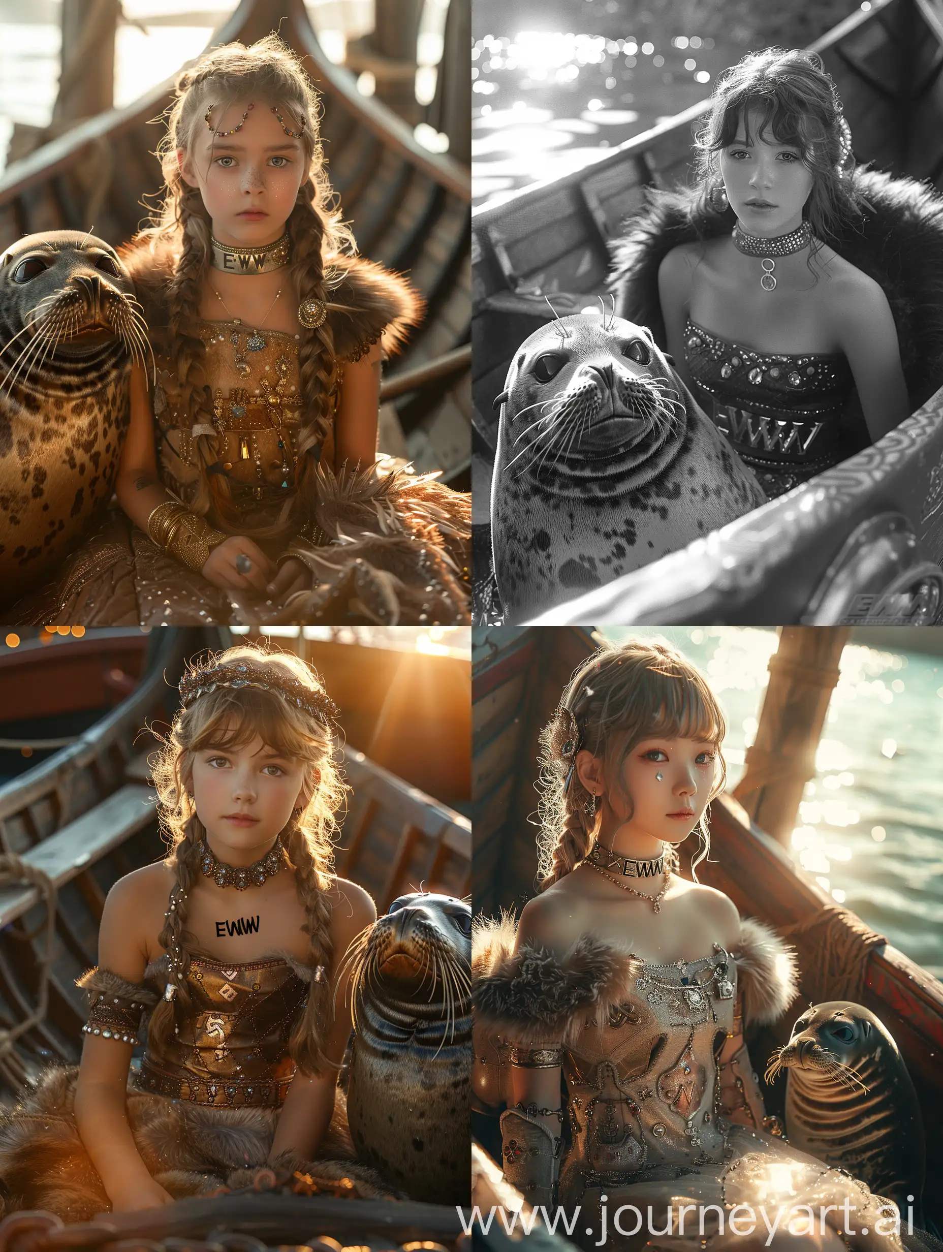 Adorable-Viking-Girl-Sailing-with-a-Seal-Companion-in-a-Luxurious-Boat