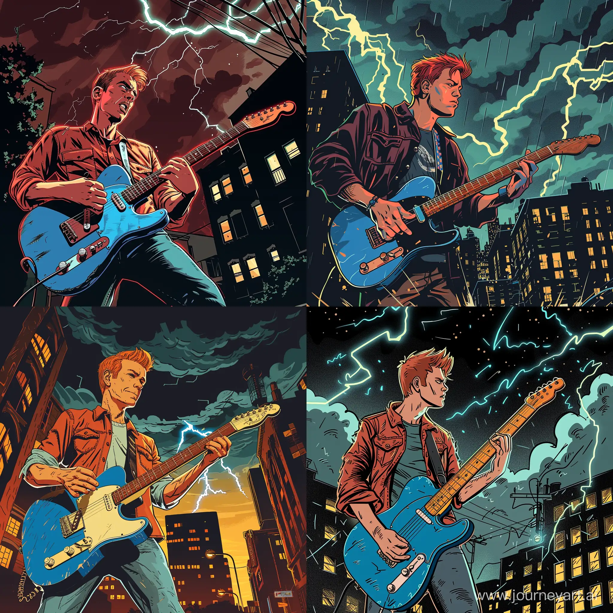 Curious-Redhead-Guitarist-Investigates-Mysterious-Night-Lights-in-Vintage-American-Comic-Book-Style