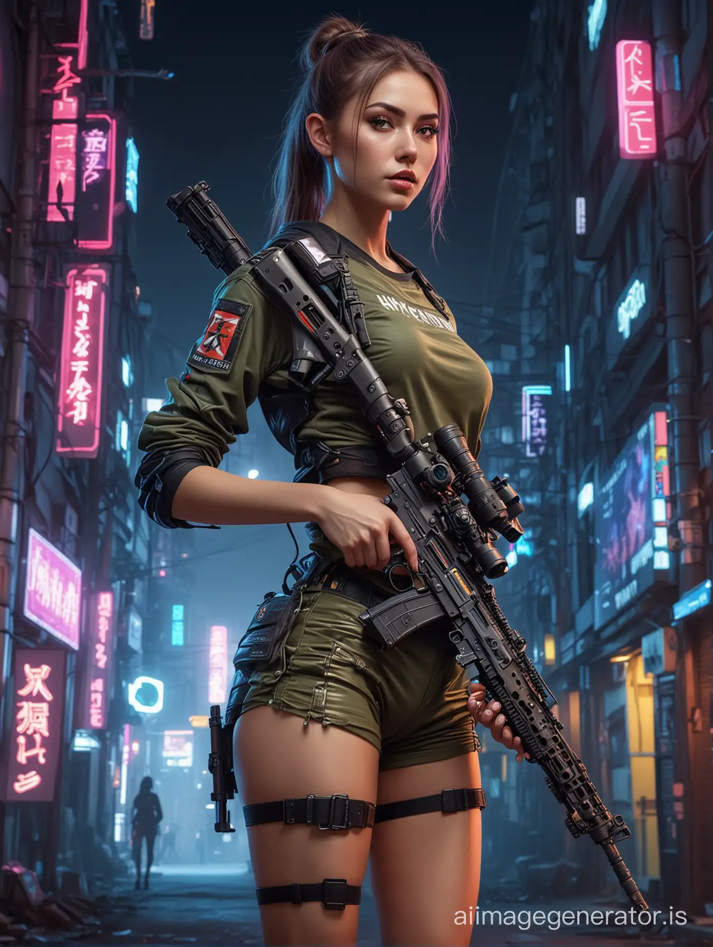 Sci-fi slim Ukrainian girl with small breasts in military t-shirt and shorts with slim lags holding sniper rifle with Japanese cyberpunk night city neon lights on the background