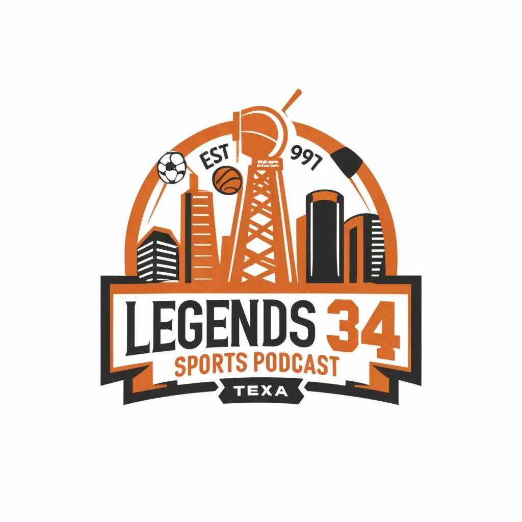 a logo design,with the text "LEGENDS 34 SPORTS PODCAST", main symbol:oil derrick, radio tower, houston, texas, football, basketball, baseball, astros, oilers, rockets,complex,be used in Sports Fitness industry,clear background