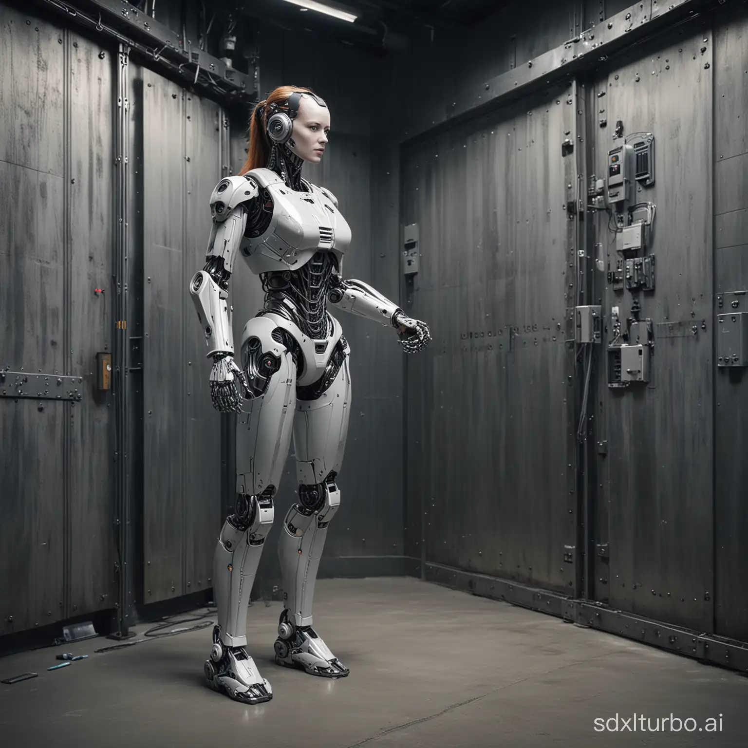 Robotic woman recharging herself standing in a room with metal walls