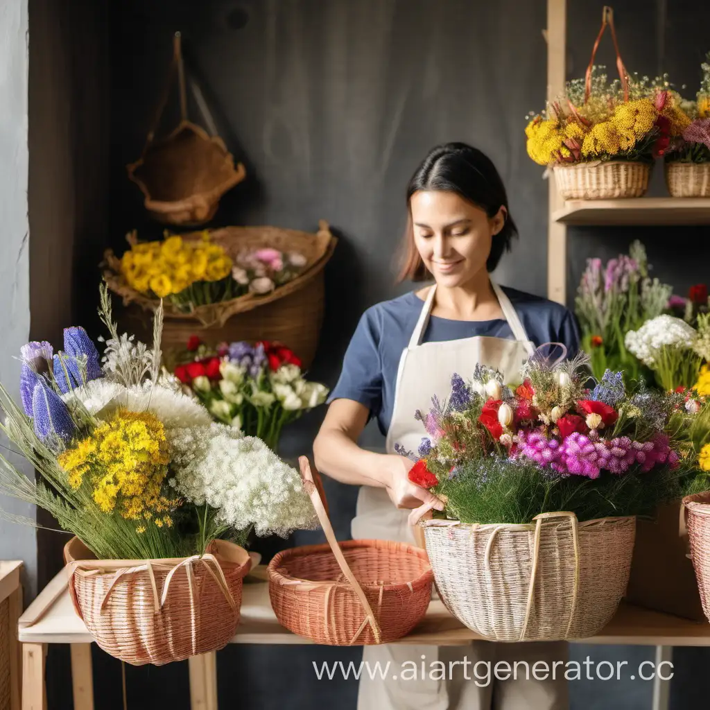 цветочный магазин с полевыми цветами в плетенных корзинках стоит флорист и собирает букет