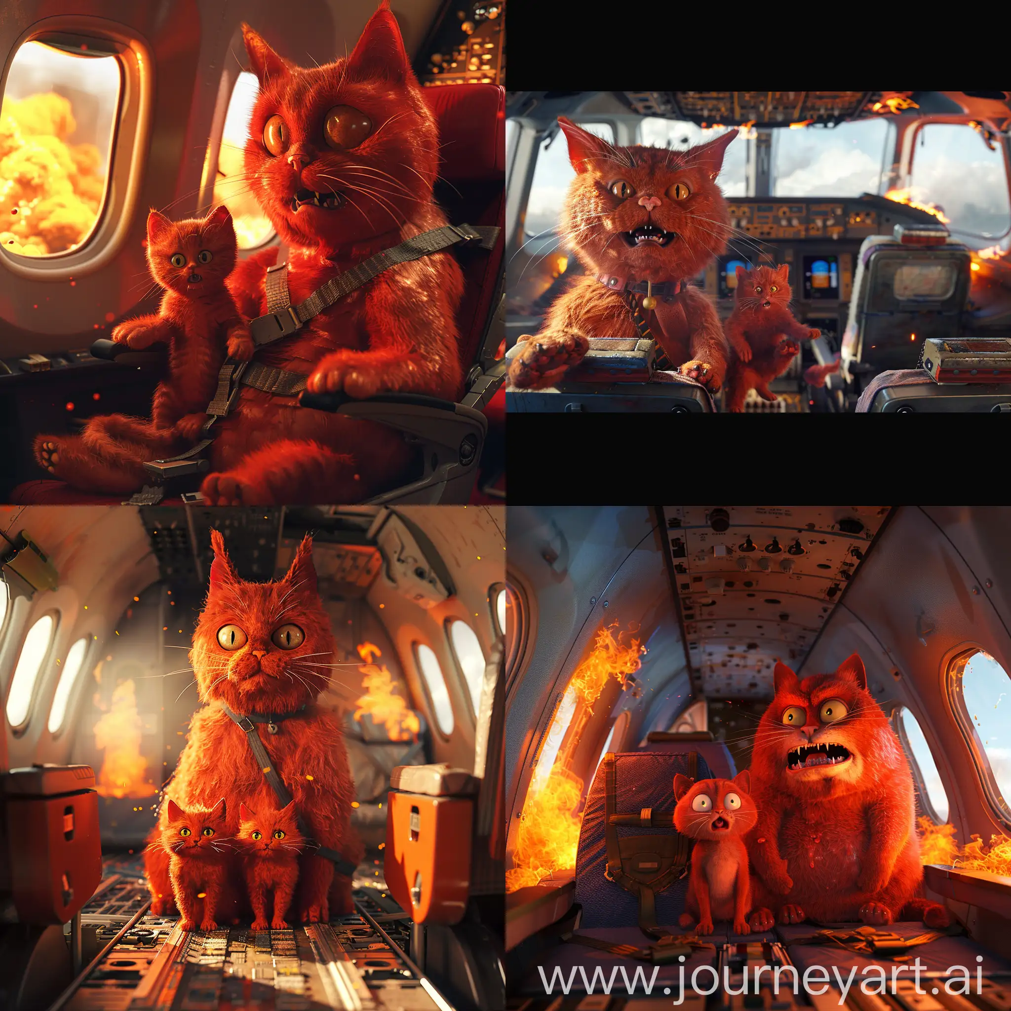 Inside a passenger plane sits a pumped-up big red cat and his little red little kitten, they are terrified because everything is on fire (Photorealistic Animation) horizontal photo 9 by 16