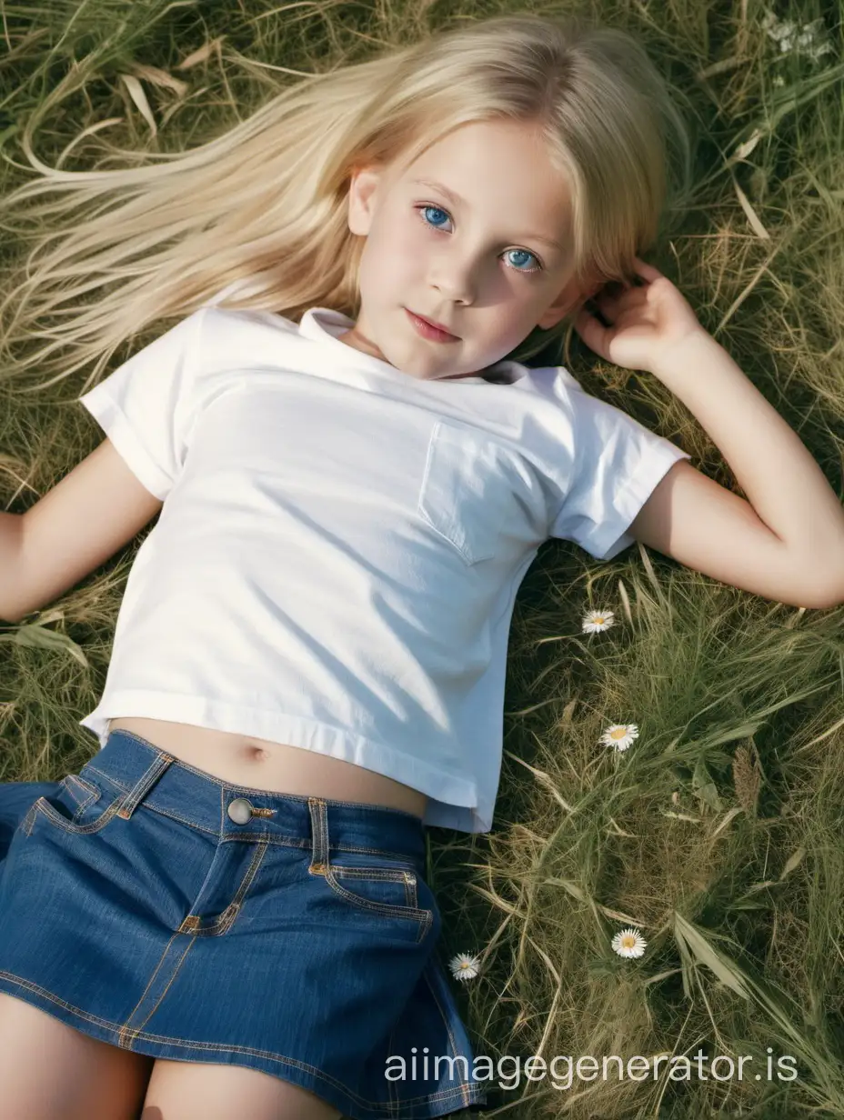 The ten-year-old blonde girl with beautiful eyes is lying on the meadow. She is wearing a white T-shirt and a blue denim short skirt. The skirt clings to her legs.