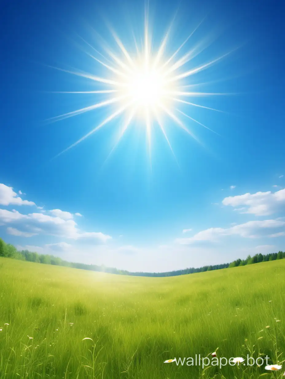 background image of a meadow with very bright blue sunny sky very bright background, delicate sun in the upper central part