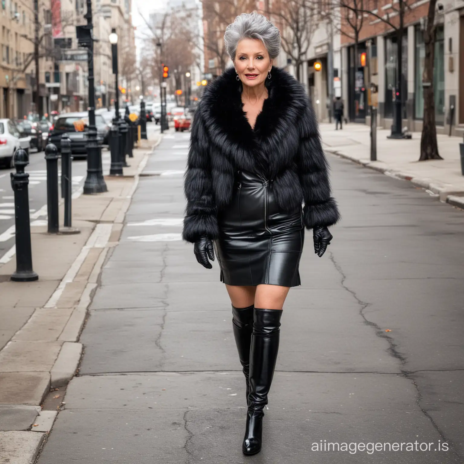  gray bouffant haired mature woman wearing a fur coat, black leather gloves, black leather mini skirt and knee high black patent leather high heeled boots walking on a sidewalk in the city