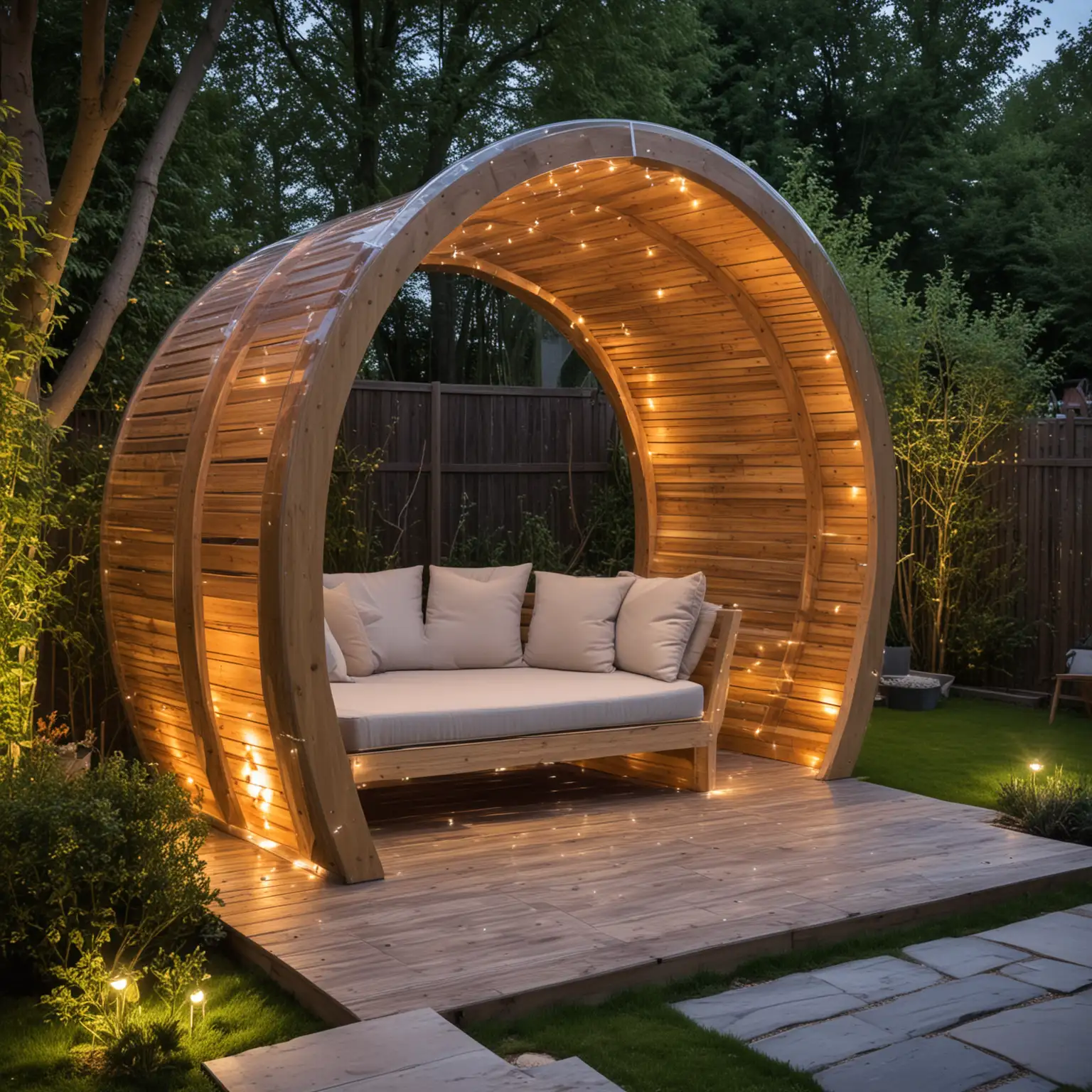 Glulam arches garden relaxation pod covered with clear policarbonate and with ambiental lighting 