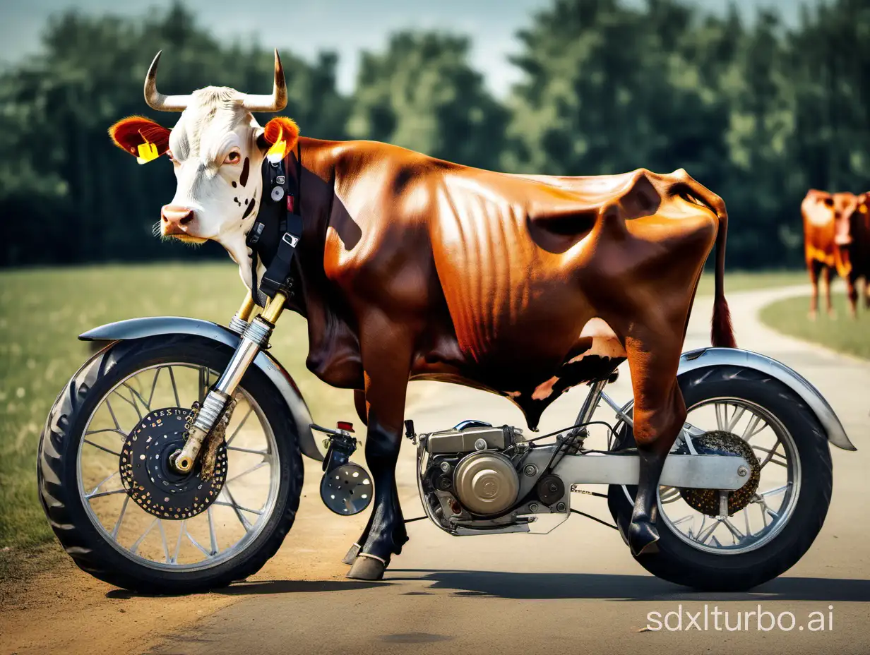 cattle with motorbike brake+ disks+ on legs, foto+, 8k