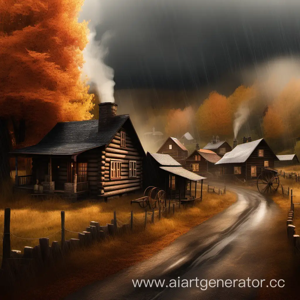 Autumnal-Small-Town-Scene-with-Log-Cabins-and-Rising-Smoke