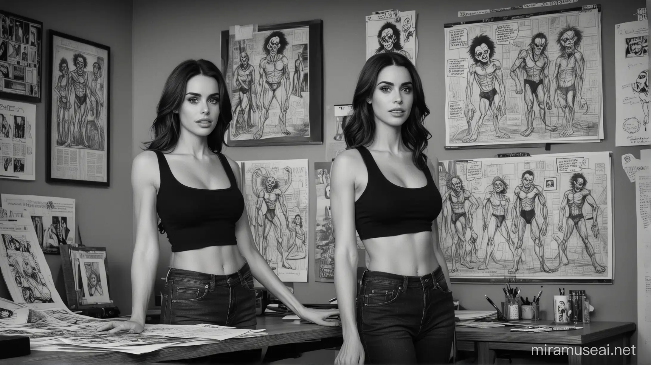 Jessica Lowndes Contemplates Mutant Hybrid Storyboards in Dimly Lit Office