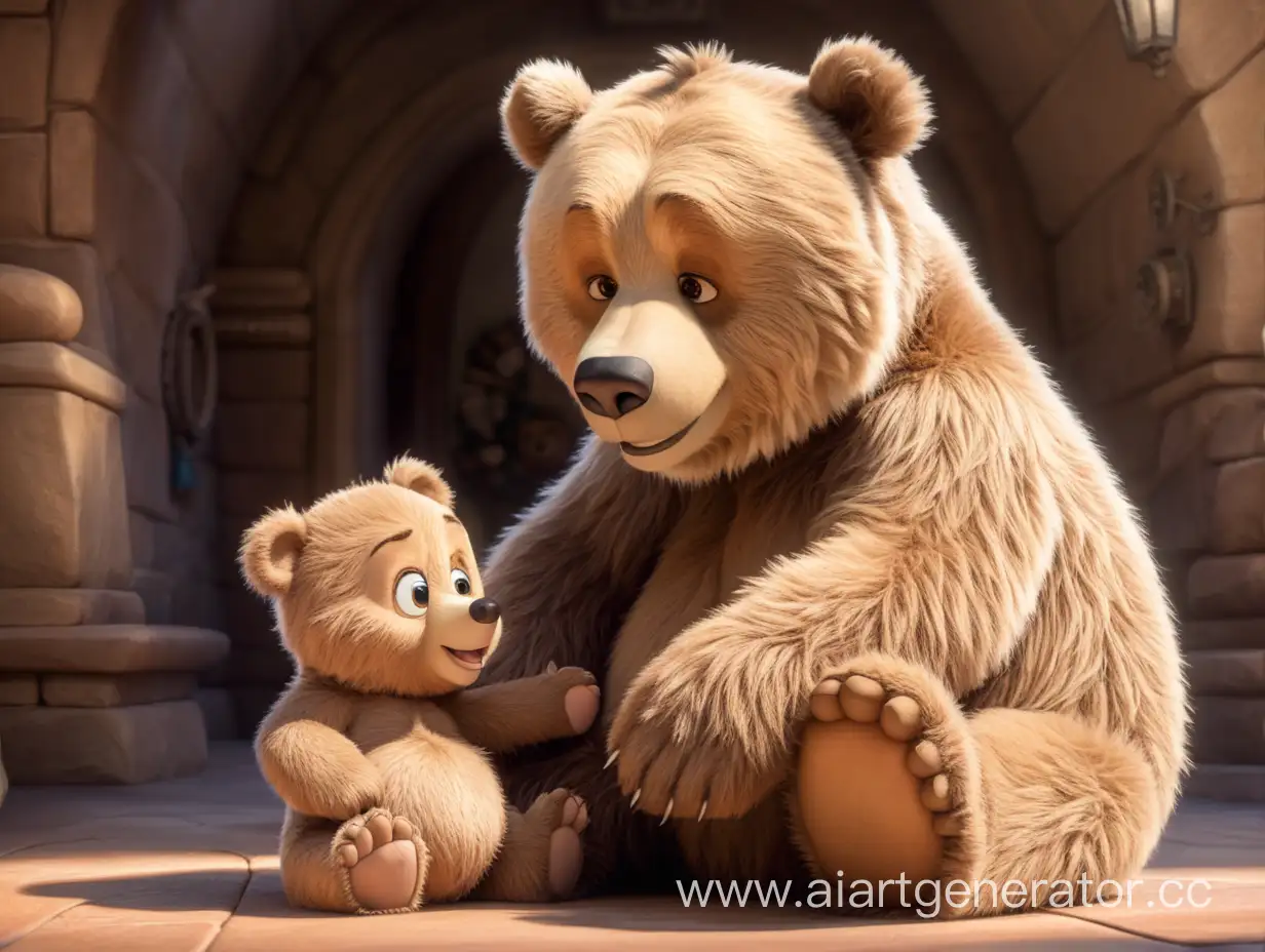 A furry mummy bear and a furry baby bear in a Disney style hugging