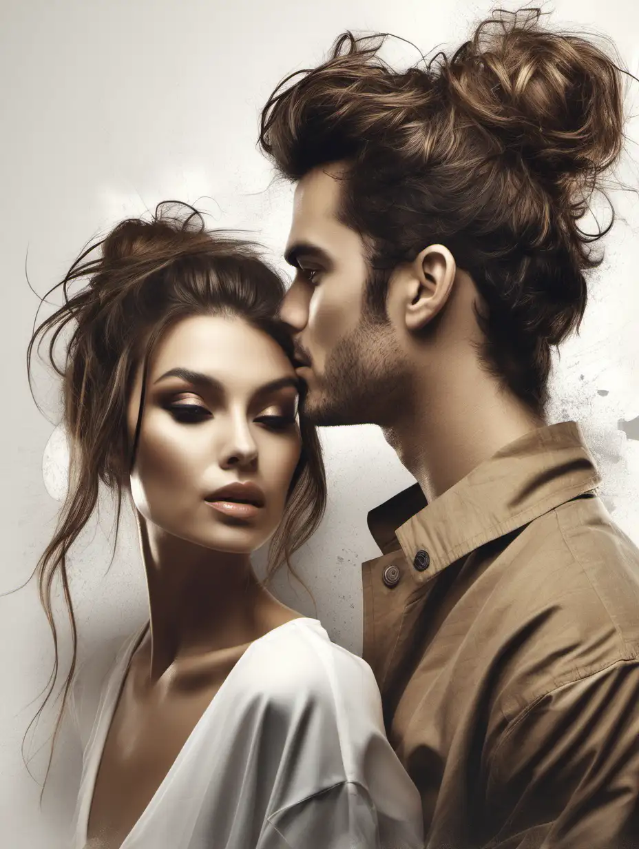 Gorgeous woman with Messy looking bun  with  rich male lead
