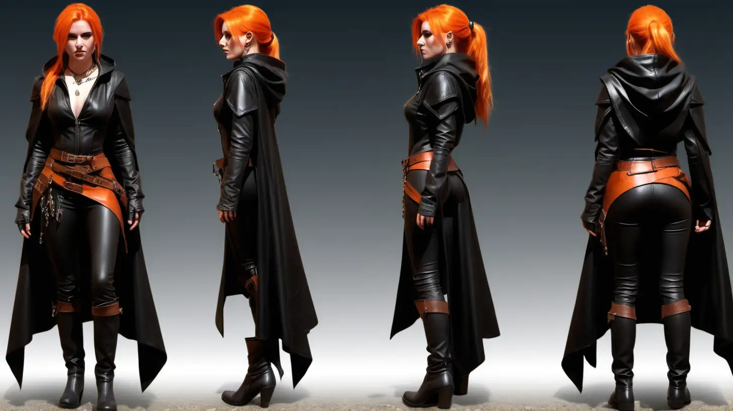 female rogue, determined expression that exudes confidence, cute, strong, brown, black, leather shirt with zippered front, low-cut neck, black leather pants, black leather boots, long black leather cloak, leather pouches on belt, backpack, amulet necklace, small stud earrings, orange jewels, bright orange hair in a tight bun, walking, medieval fantasy, English countryside, group of adventurers, full-body photo, super-detailed, hyper-realistic