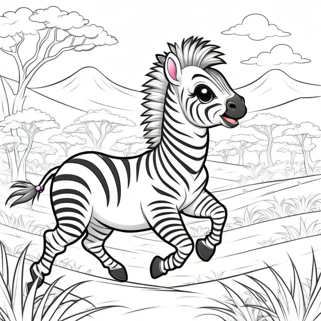 Adorable Baby Zebra Running Through African Savannah Coloring Page