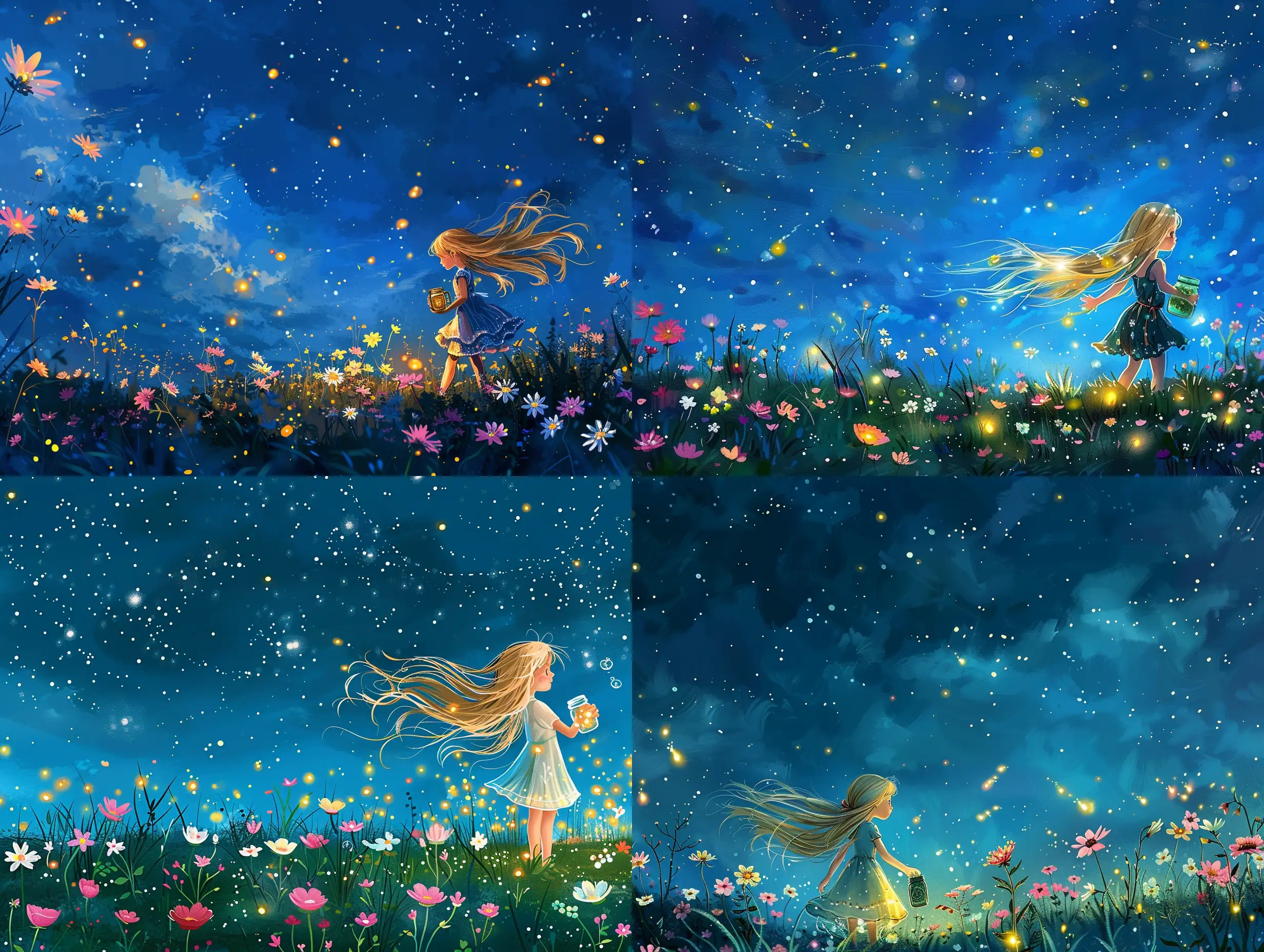 a picture dark at night with a vivid blue sky with small stars in the sky. In the meadow are small pink white and yellow flowers dancing in the night. A 8 year old girls with long blond hair blowing in the night summer breeze with a mason jar trying to caught the fireflies 
