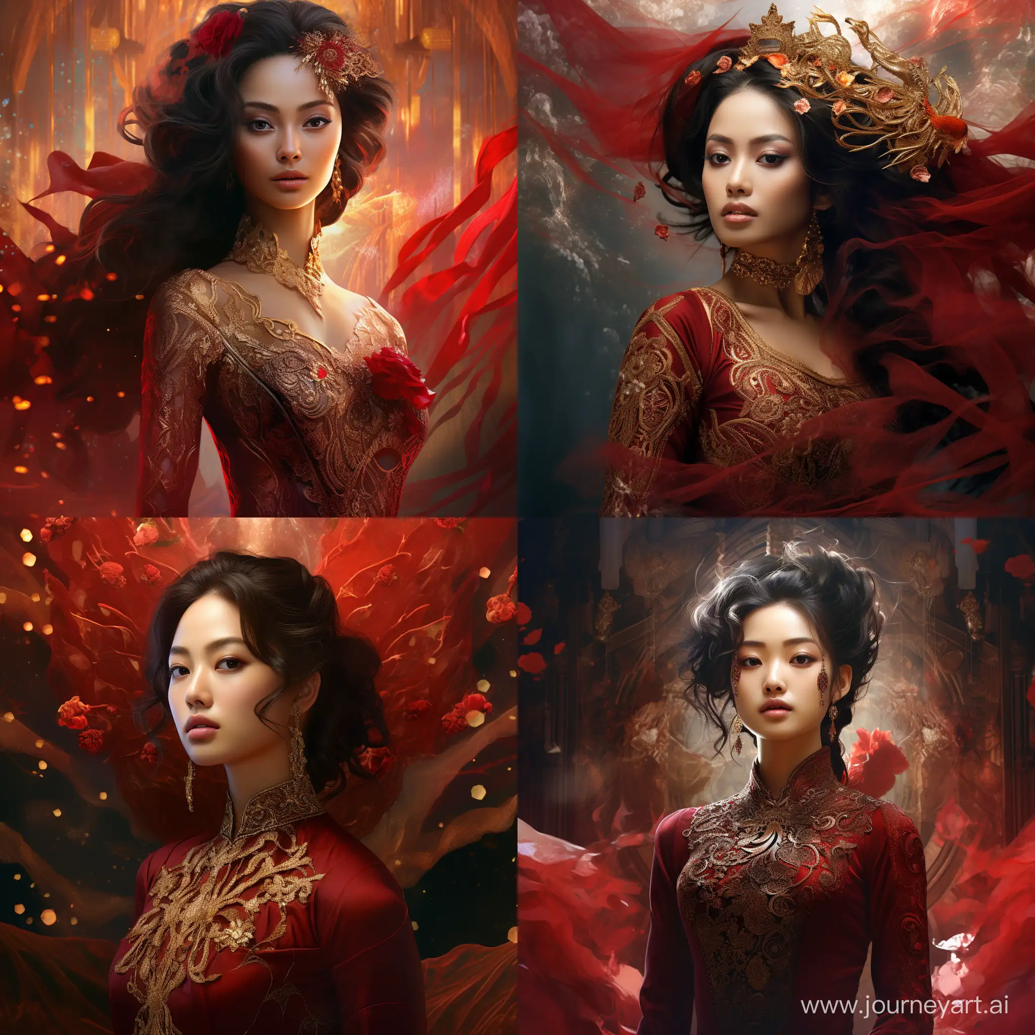 Portrait of an oriental future queen. Queen is wearing an intricate high necked dress with two layers. Below layer is a dark red velvet. Above layer is a transparent silk with intricate gold workings. Her face is ornamented by simplistic gold filigree. Highly detailed. perfect composition, smooth, sharp focus, sparkling particles, lively coral reef background Realistic, realism, hd, 35mm photograph, 8k), masterpiece, award winning photography, natural light, perfect composition, high detail, hyper realistic