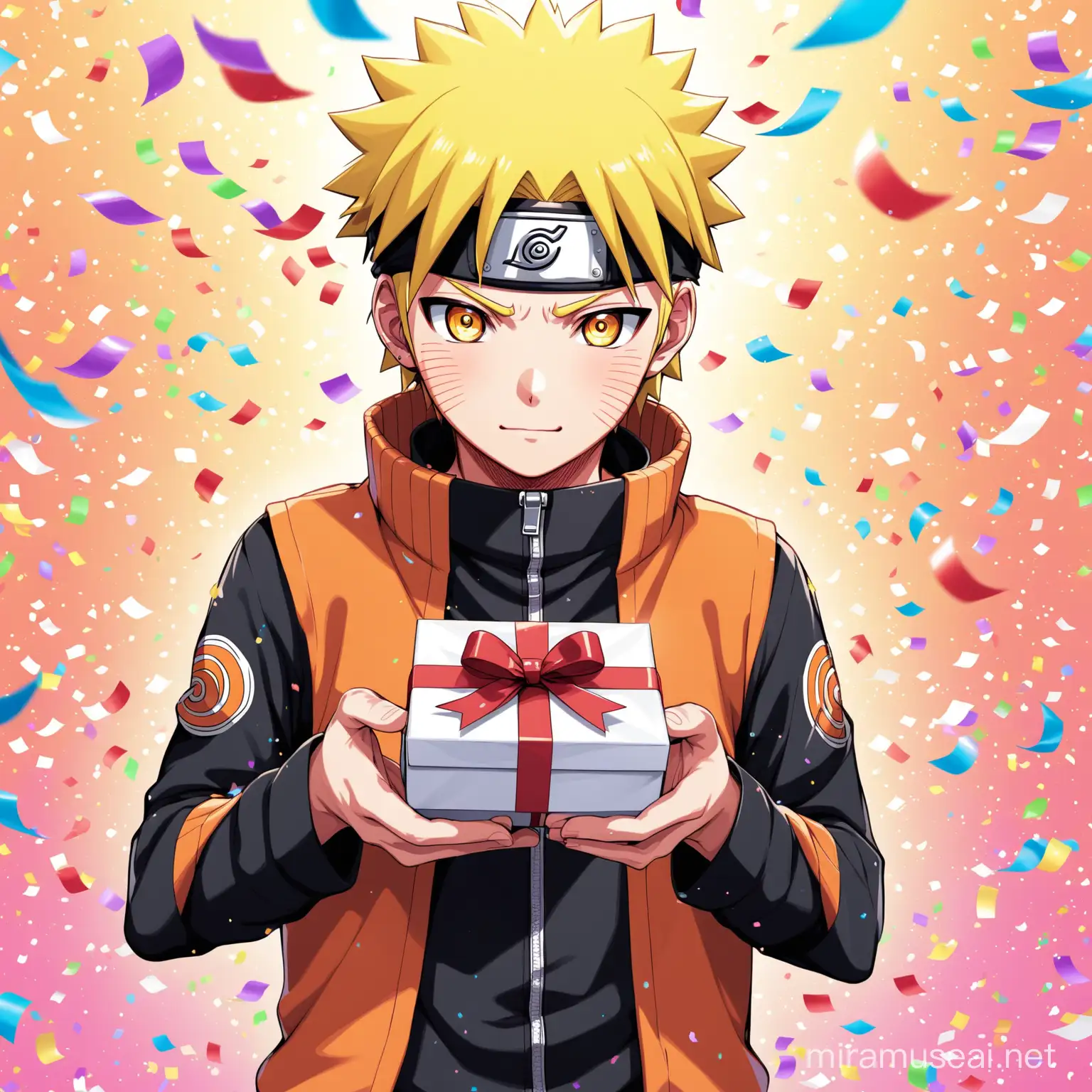 Naruto Holding a Present Surrounded by Confetti Celebration