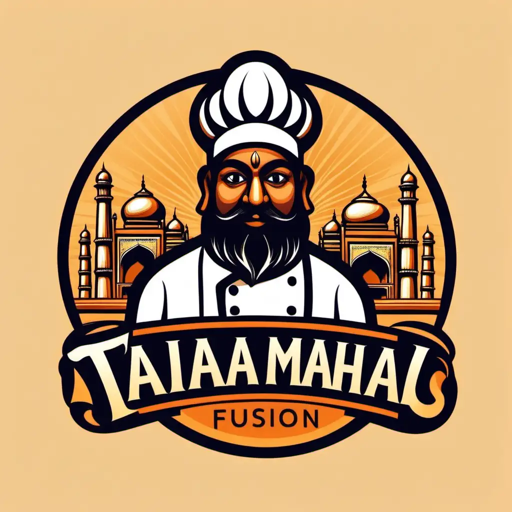 logo, for a Indian fusion restaurant, a chef belonging to the taj mahal