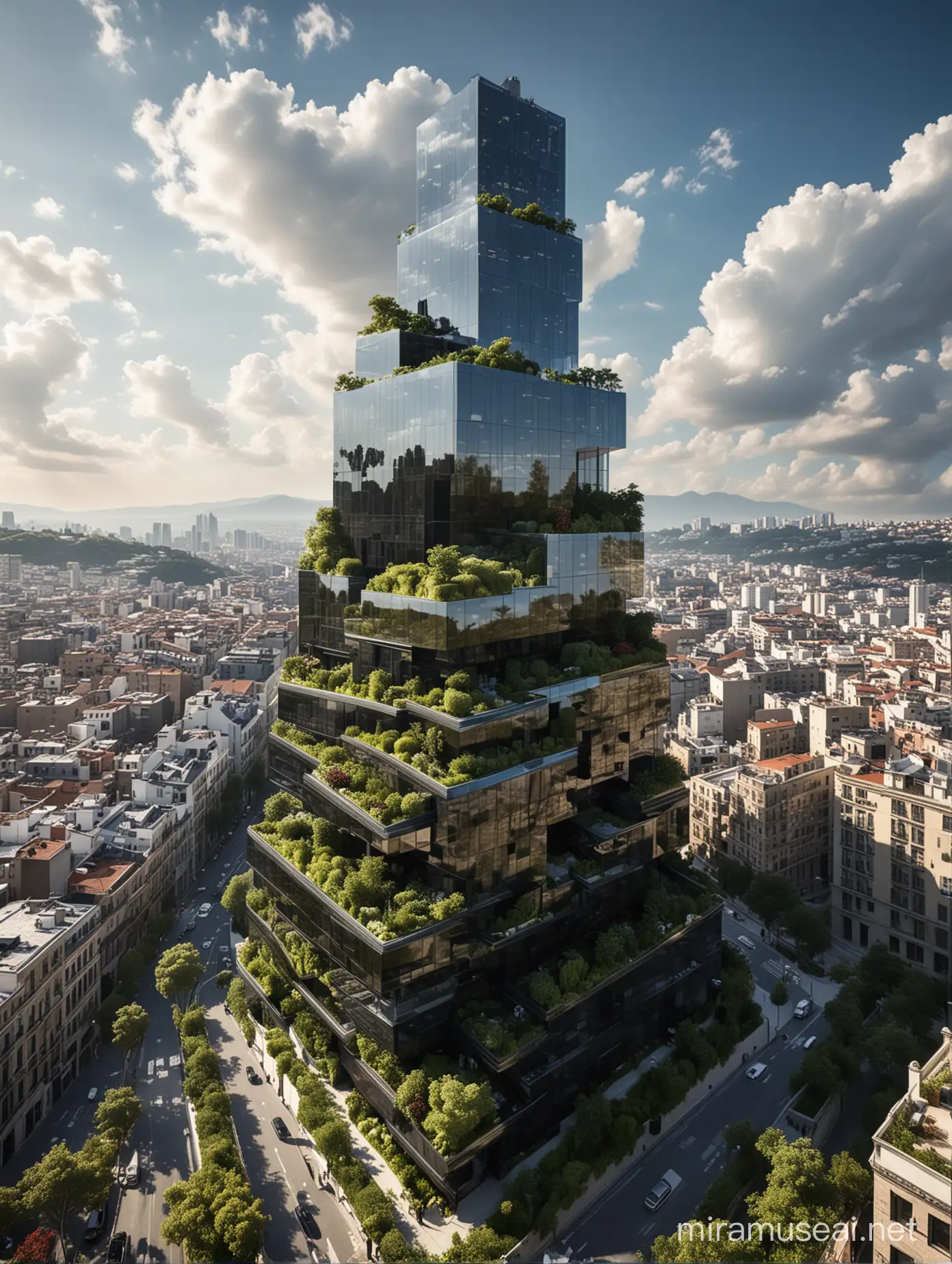 Eco-friendly, tower, terraced building with lush rooftop gardens and fluid lines, sublime and visionary, designed by Stefano Boeri 32k many cubic black glass architecture , drone view, with clouds hyper- realistic photo