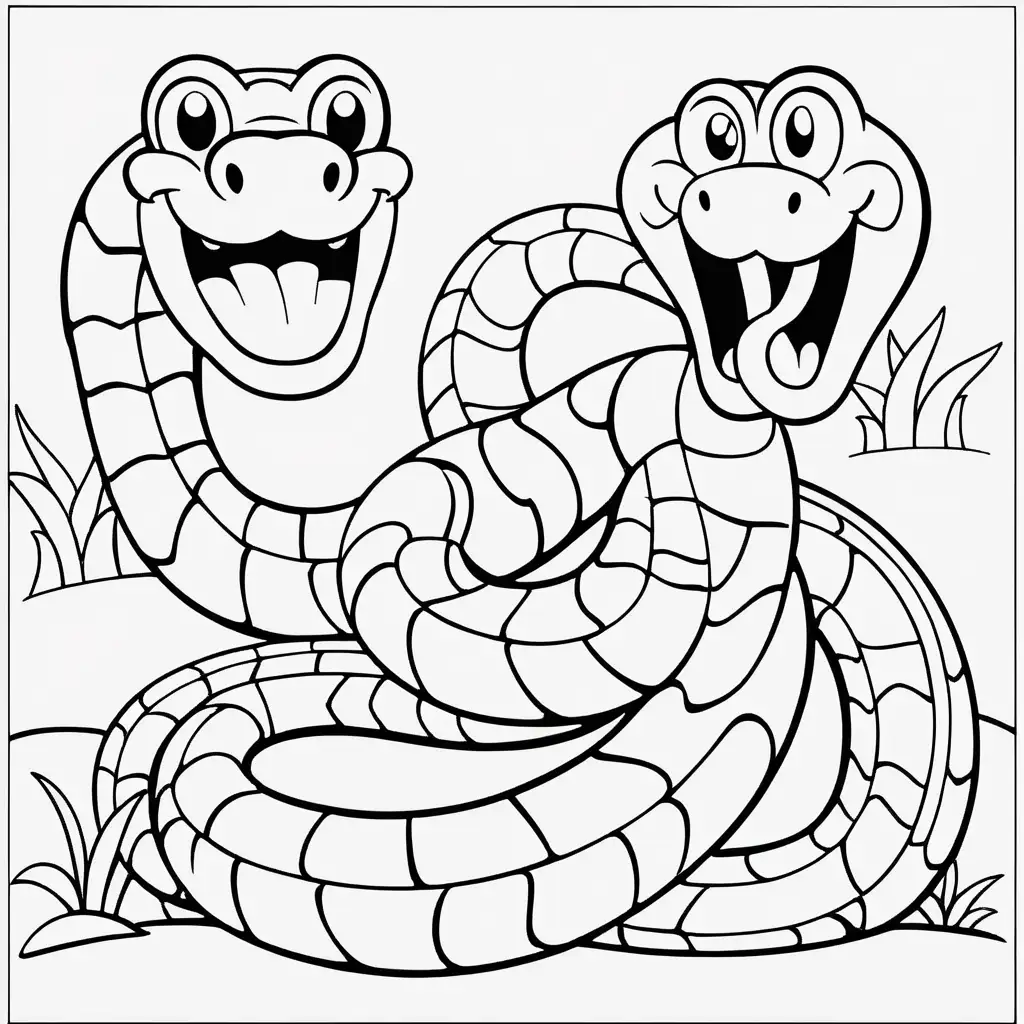 Create a coloring book page for 1 to 4 year olds. A simple cartoon cute smiling friendly faced coiled snake and its friendly faced parents with bold outlines in their native enviroment. The image should have no shading or block colors and no background, make sure the animal fits in the picture fully and just clear lines for coloring. make all images with more cartoon faces and smiling