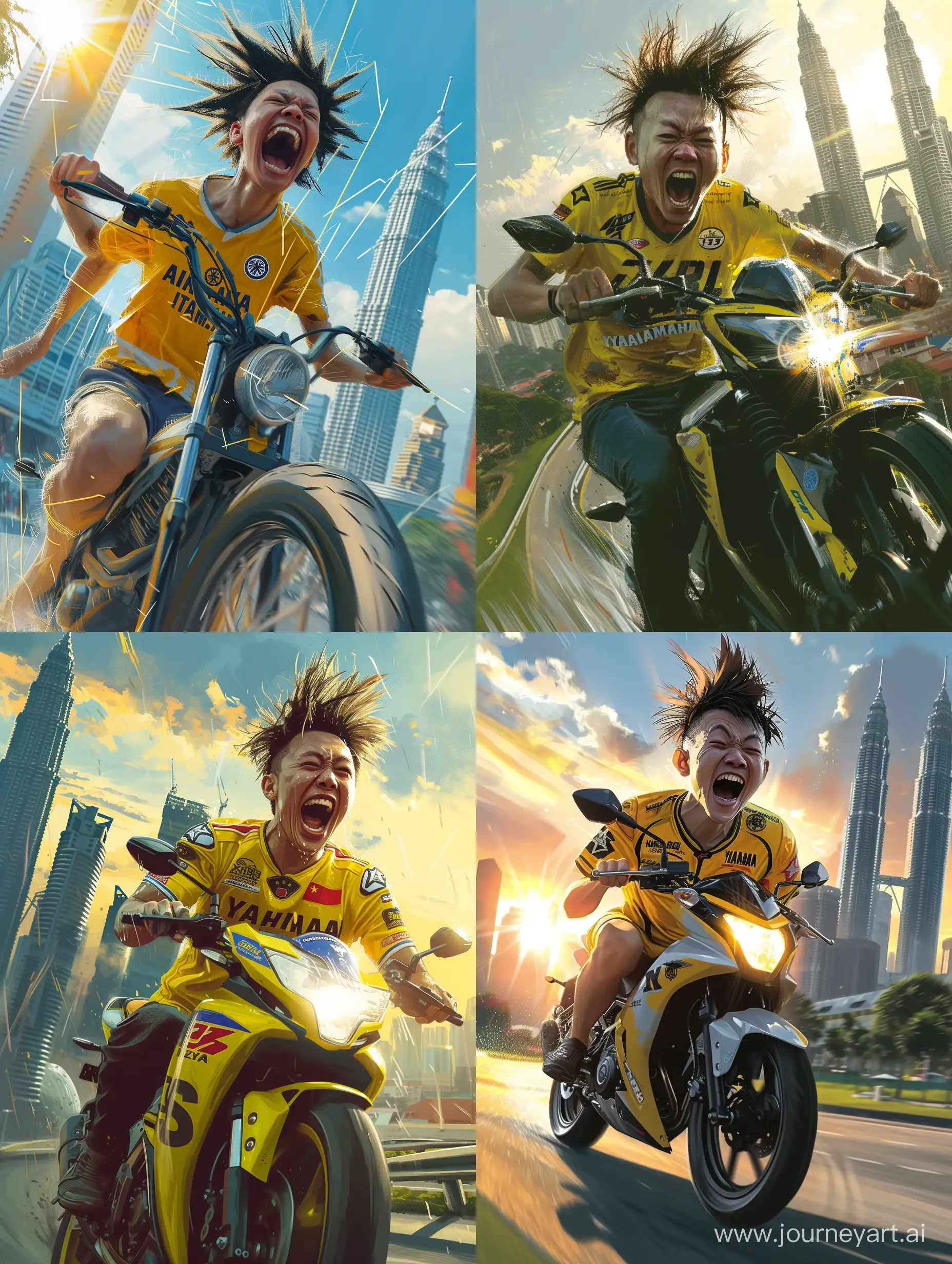 ultra realistic a spiky-haired Chinese man is riding a Yamaha Y15 motorcycle. wearing a yellow malaysian jersey. face screaming with joy. refraction of morning sunlight. the background of the city of Kuala Lumpur.