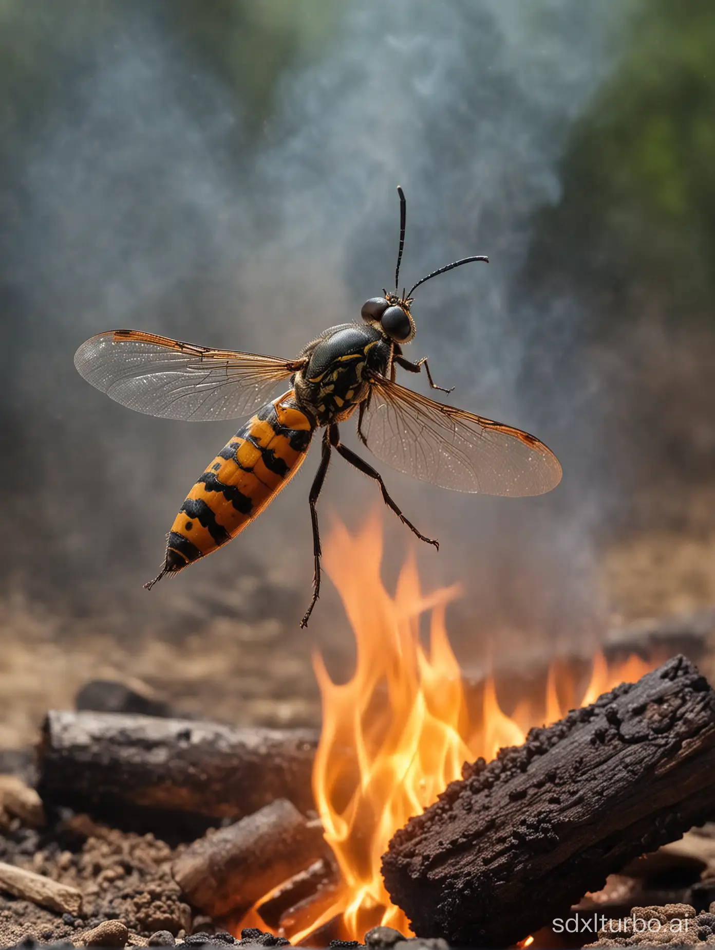 Vibrant-Summer-Insect-Flying-Into-Fiery-Glow