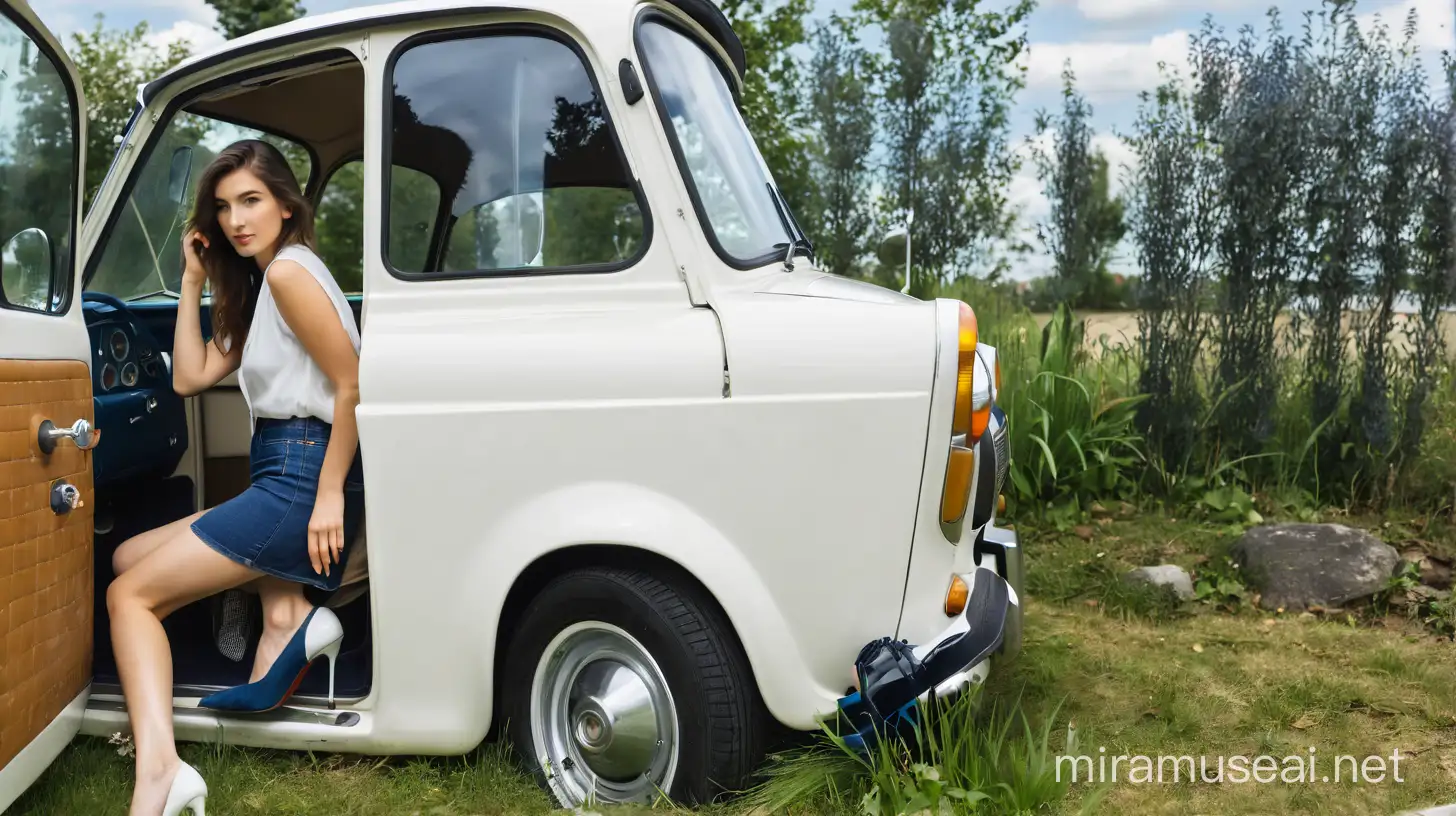 A girl in a white blouse, a short denim skirt and navy blue high-heeled pumps parked her Trabant with the rear wheel on a glass bottle lying in the grass.