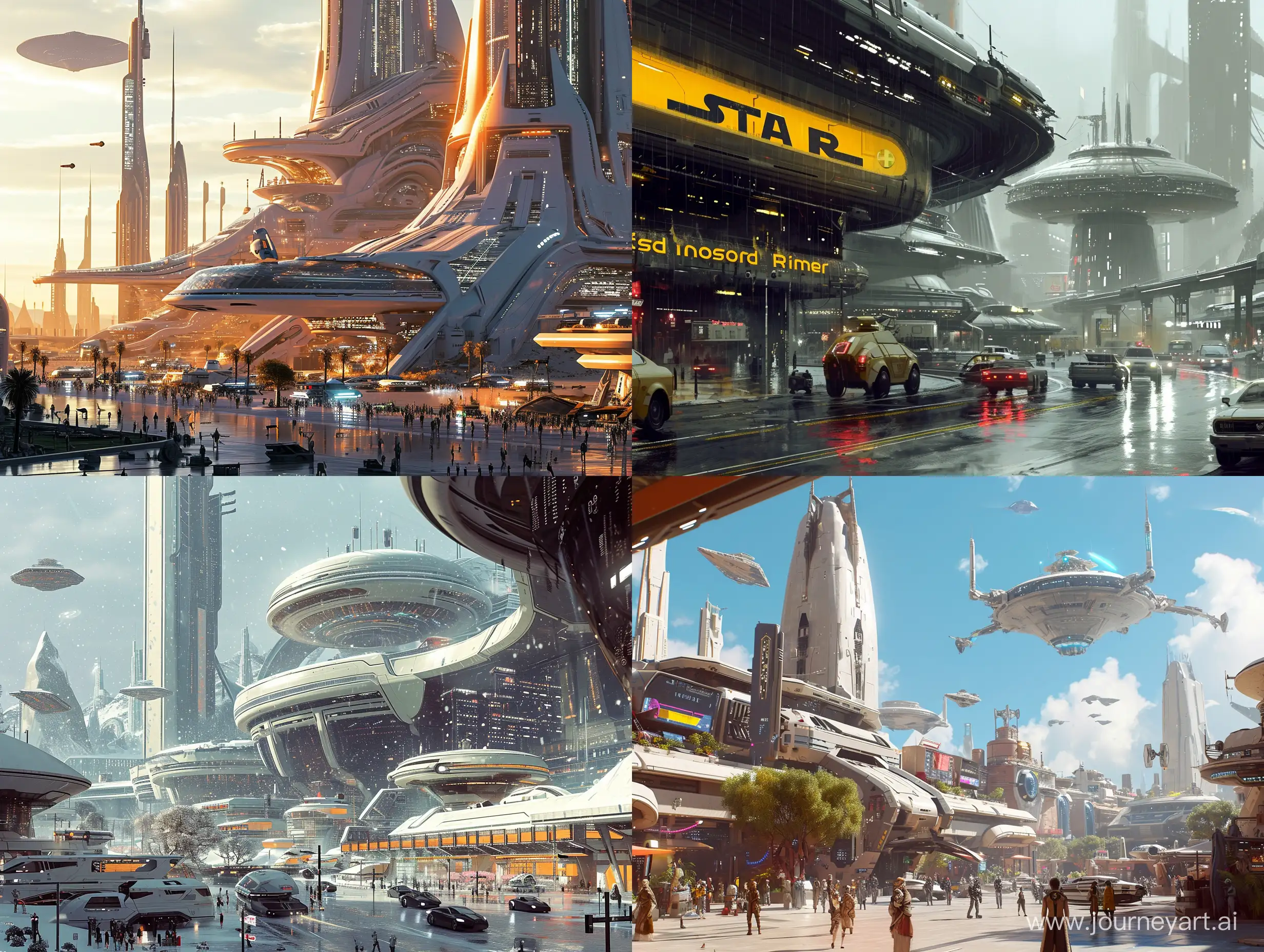 outside of a Futuristic city, gitpunk, detailed to precise, sci fi, modern, busy environment, naturalism, vibrant, transportation, cinematic, soft visuals to match the mood, modern architectures, stars wars city design inspired,
