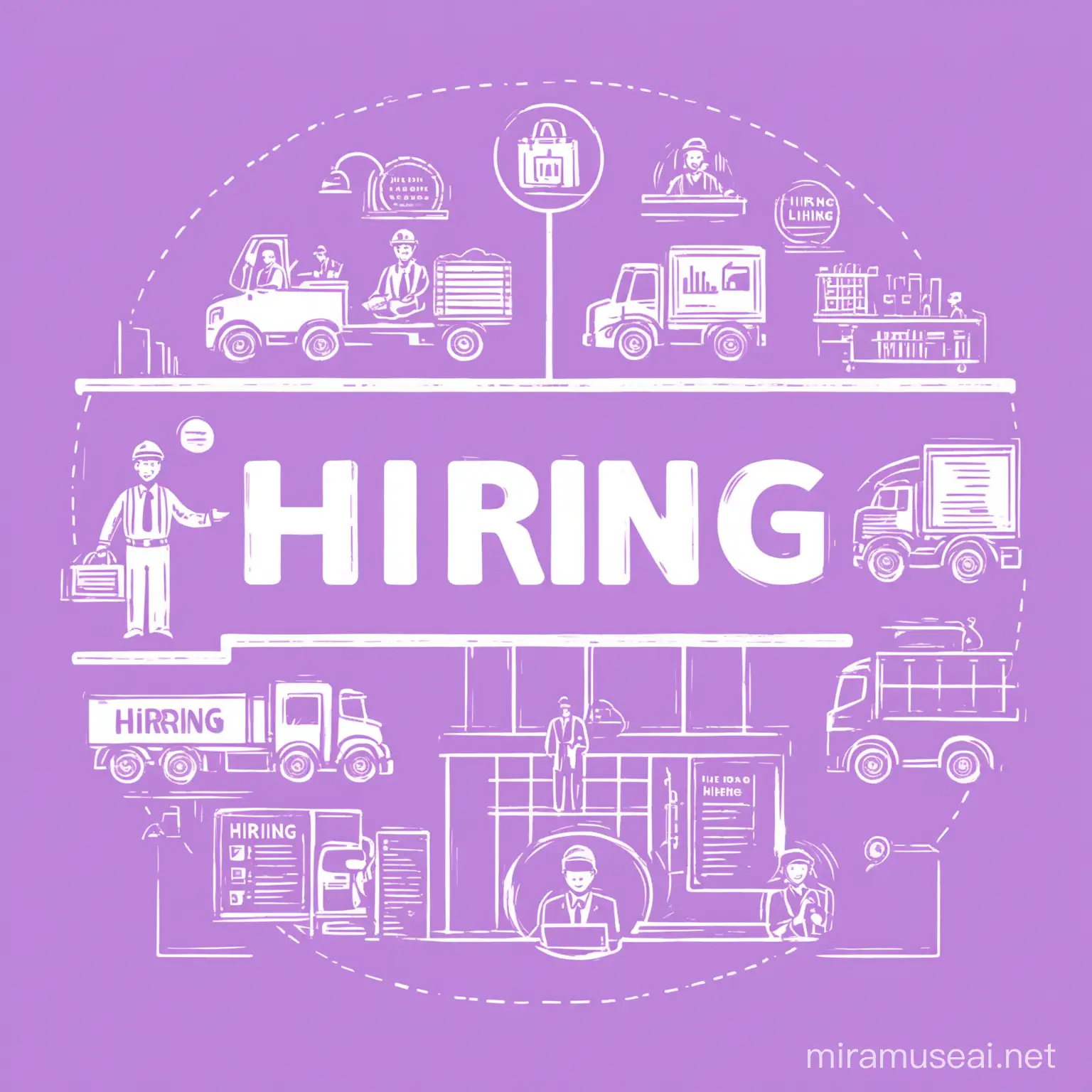 An image suitable for posting on LinkedIn I would like to hire for legal consultancy, sales manager, food industry specialist, truck driver, laborer, accountant and the word "HIRING" is highlighted with a pale purple theme