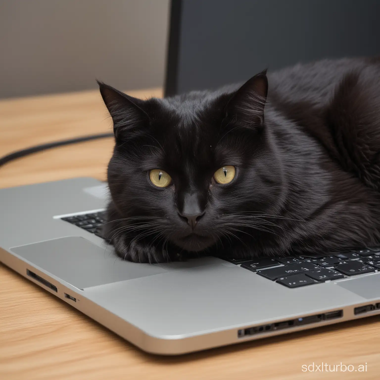 The black cat is lying on the MacBook.