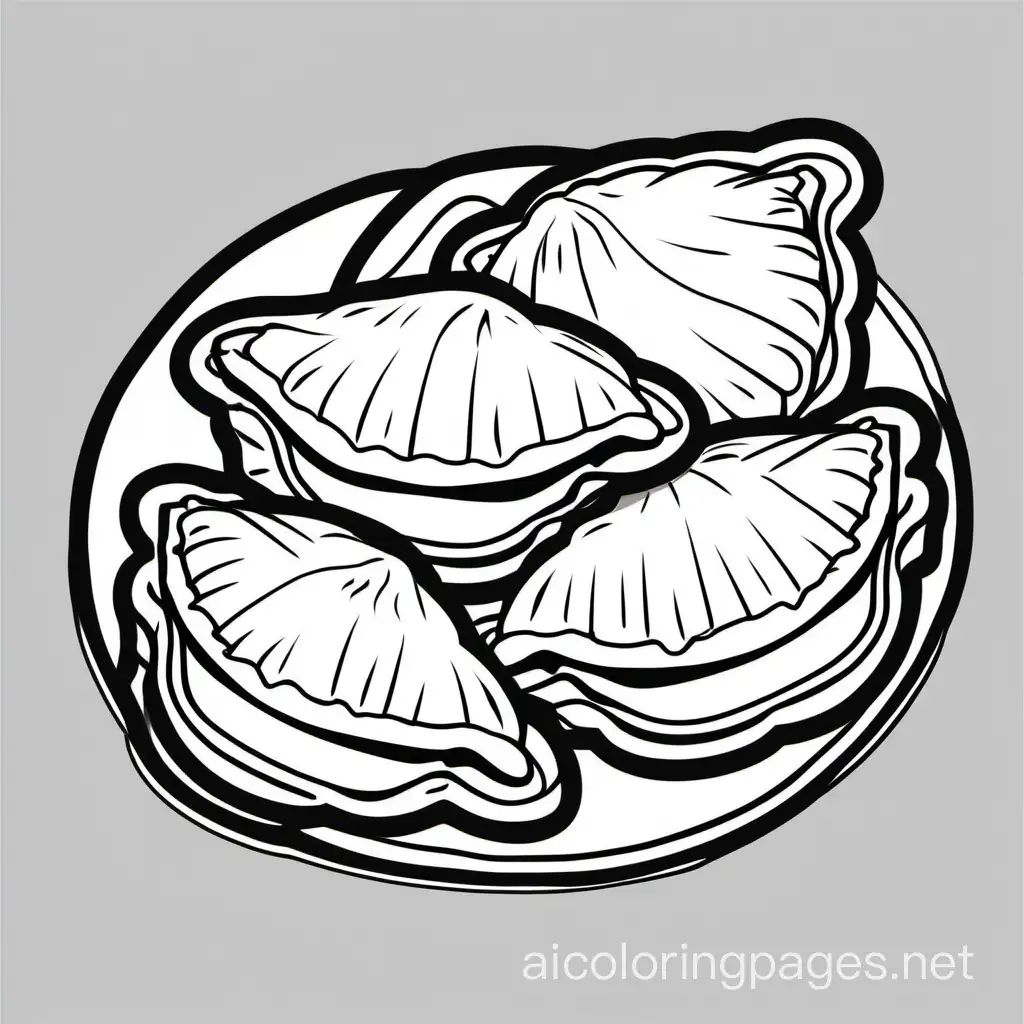 Create a bold and clean line drawing of a Empanadas without any background, Coloring Page, black and white, line art, white background, Simplicity, Ample White Space. The background of the coloring page is plain white to make it easy for young children to color within the lines. The outlines of all the subjects are easy to distinguish, making it simple for kids to color without too much difficulty